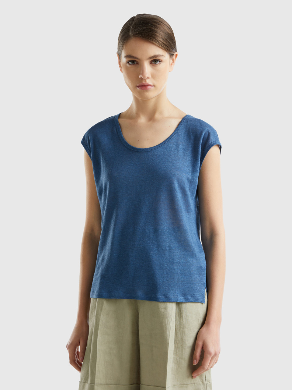 Benetton, Wide Neck T-shirt In Pure Linen, Air Force Blue, Women
