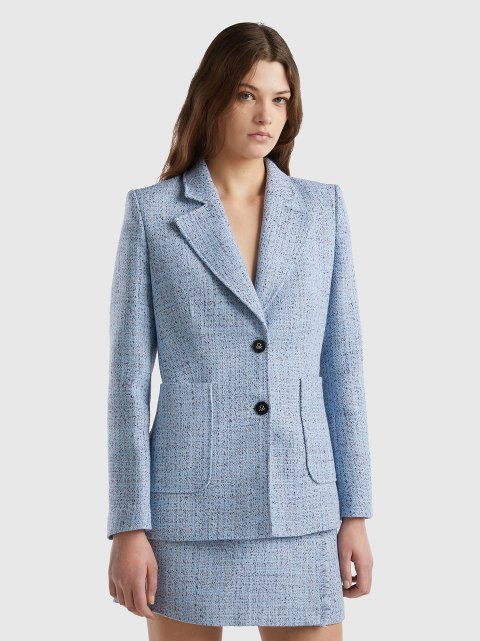 Benetton, Fitted Tweed Blazer, Light Blue, Women