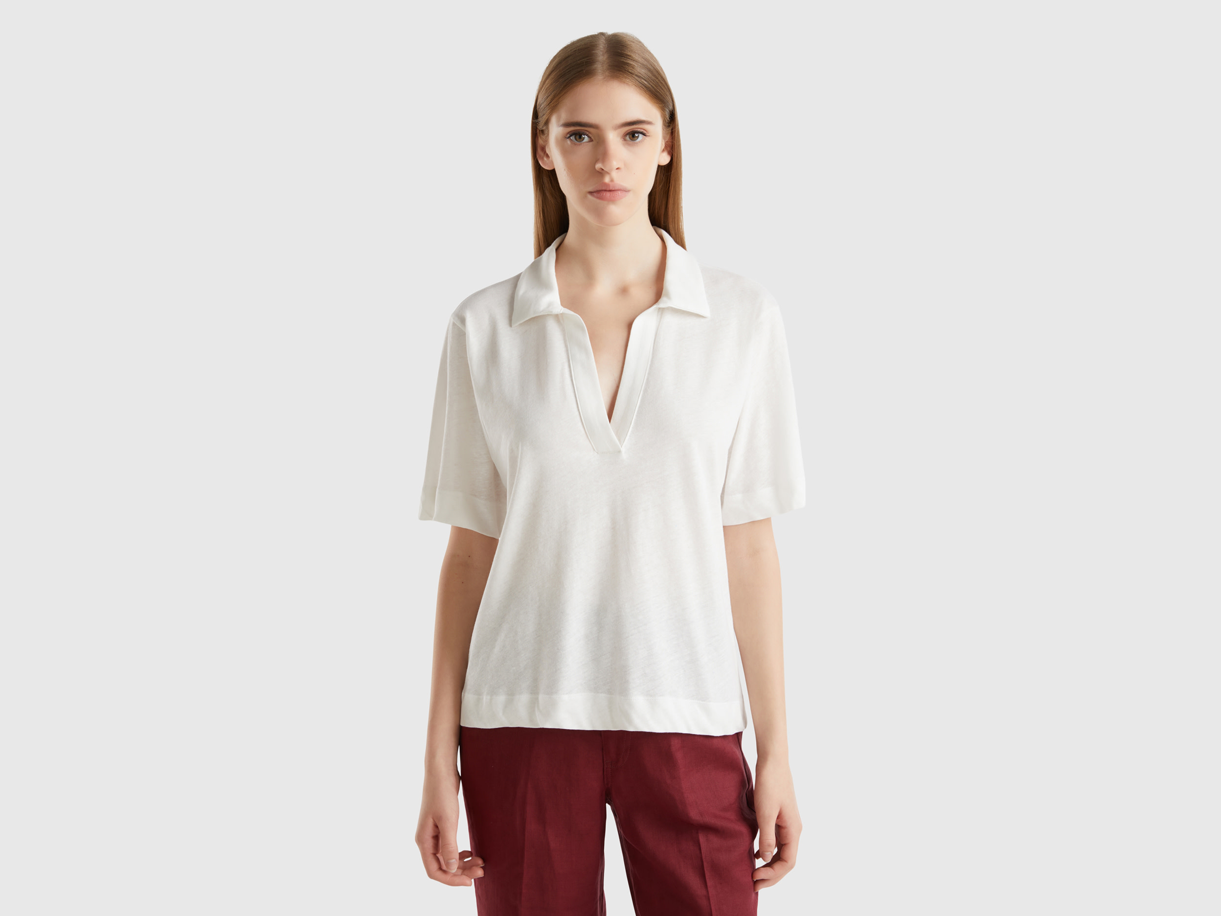 Benetton, Polo In Misto Cotone E Lino, Bianco Panna, Donna