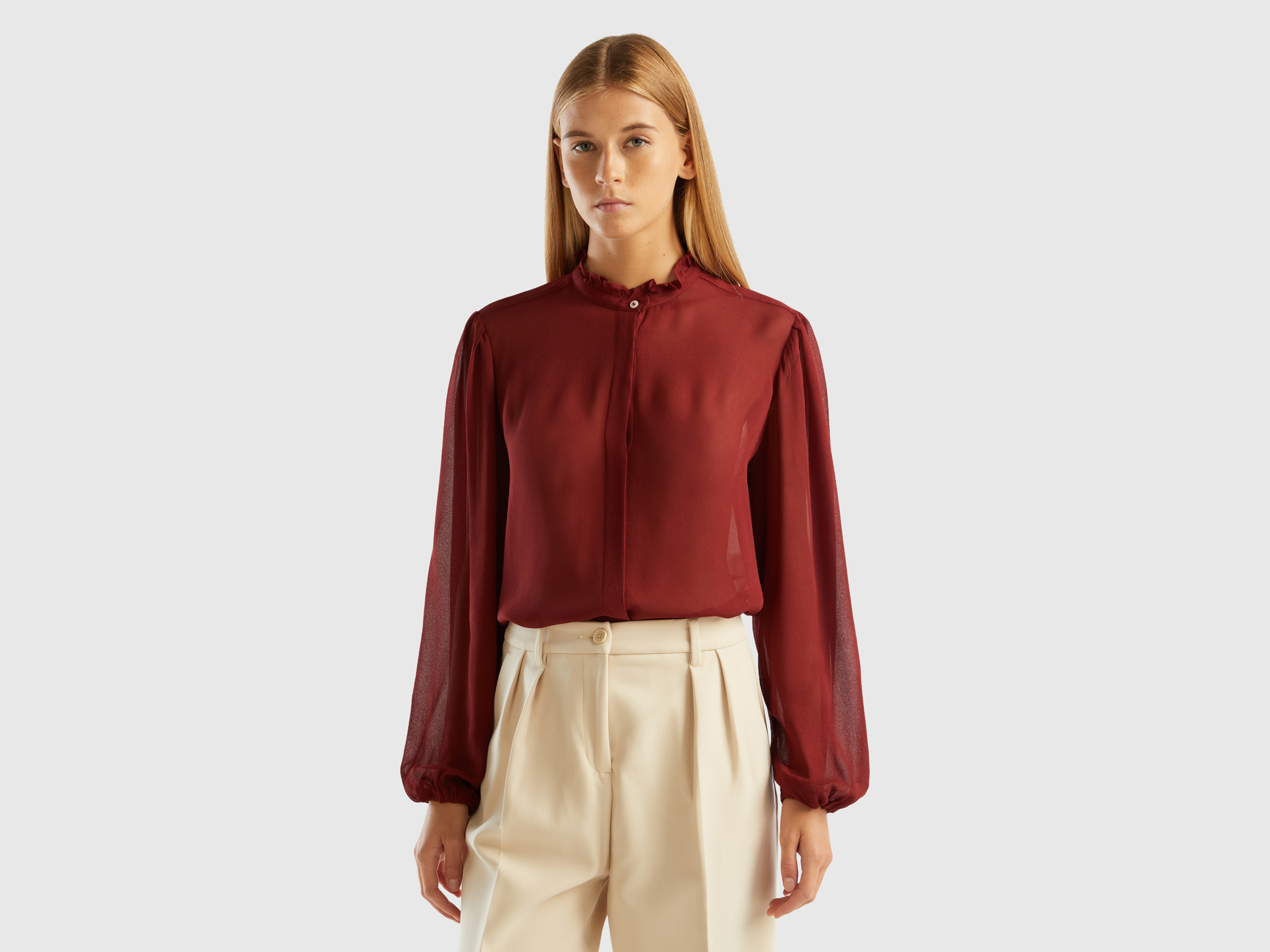 Benetton, Flowy Shirt With Rouches, size L, Burgundy, Women
