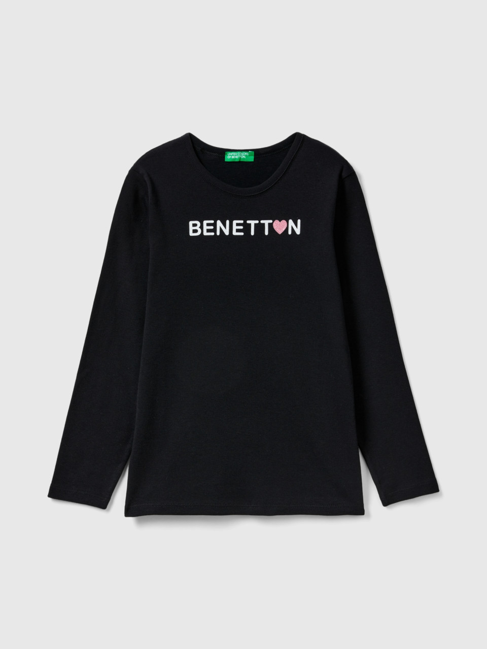 Benetton, Camiseta De Manga Larga Con Estampado De Glitter, Negro, Niños