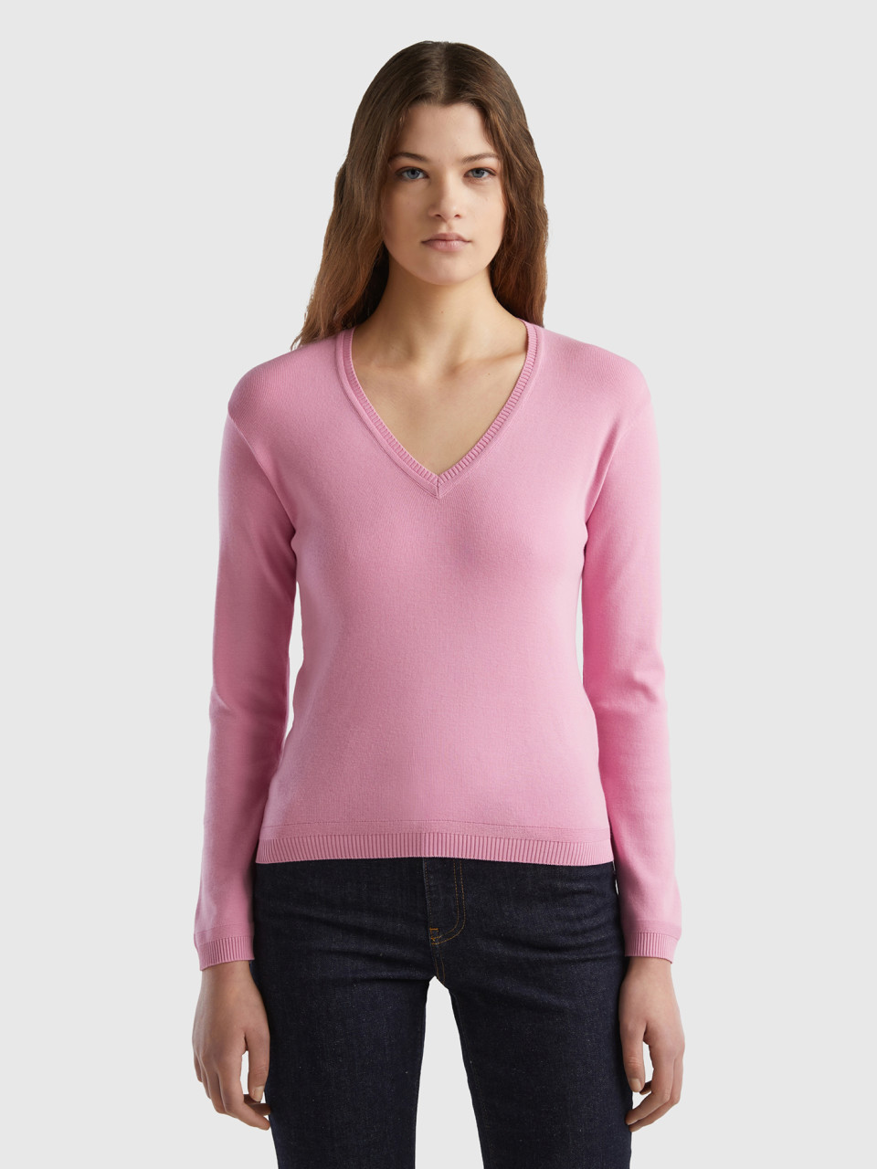 Benetton, V-neck Sweater In Pure Cotton, Pastel Pink, Women
