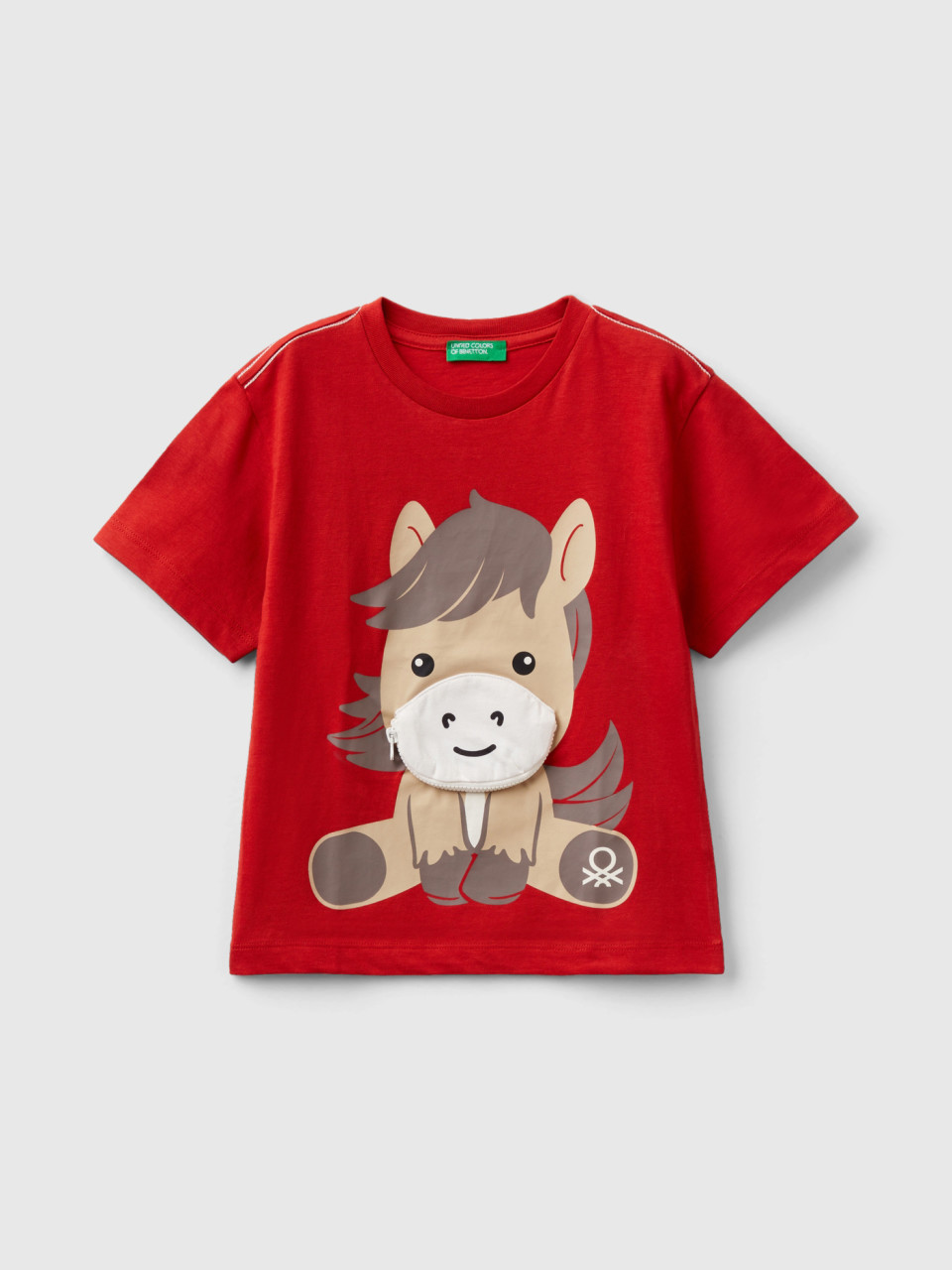 Benetton, Camiseta Con Aplicación De Estuche, Rojo, Niños