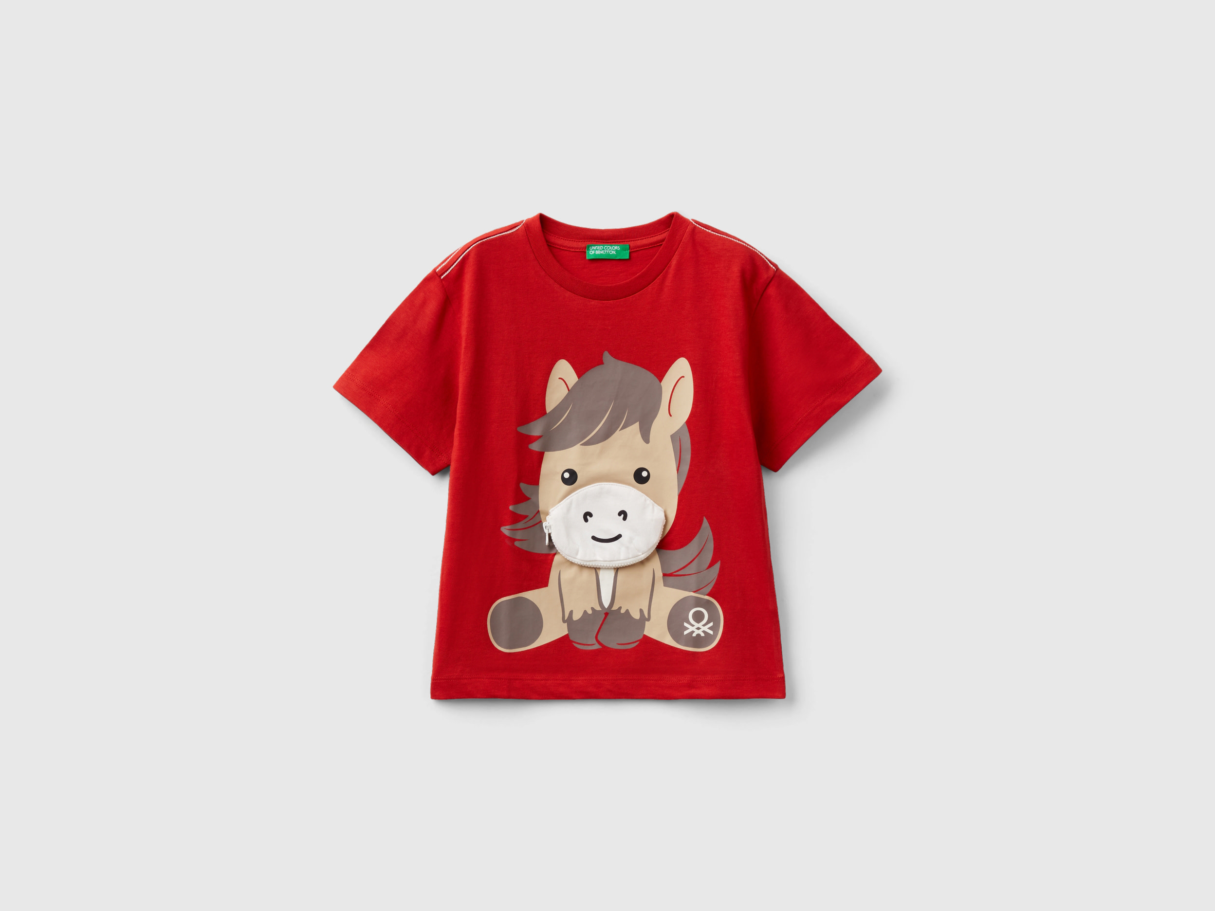 Benetton, T-shirt With Pouch Applique, size 4-5, Red, Kids