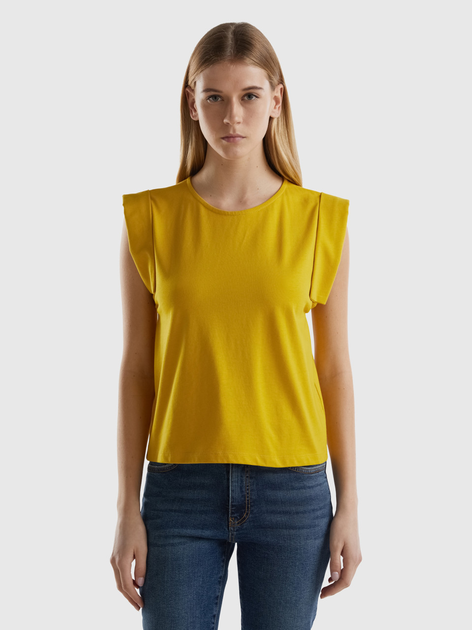 Benetton, T-shirt With Angel Sleeves, Yellow, Women