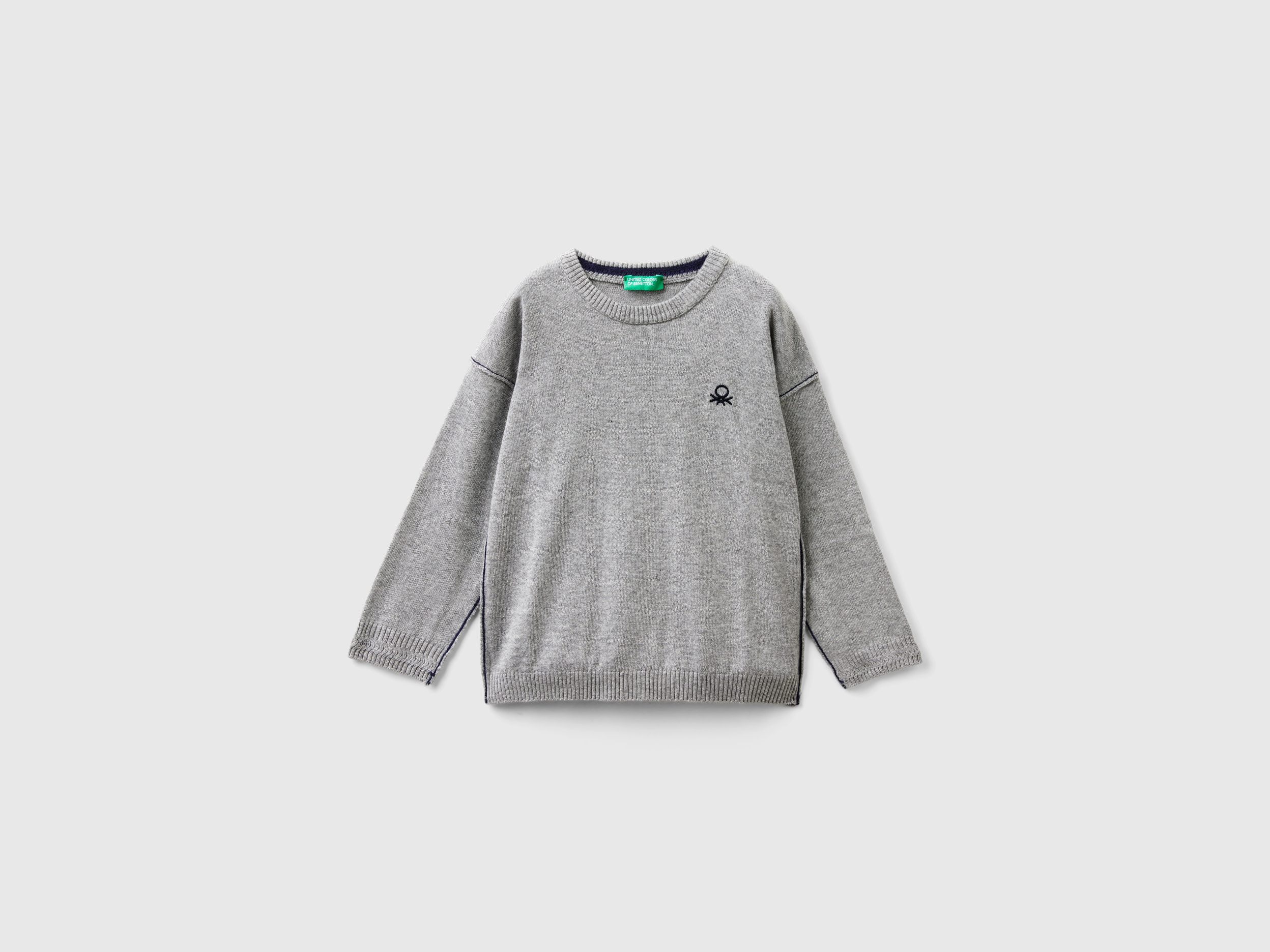 Benetton, Maglia Girocollo Con Ricamo, Grigio Chiaro, Bambini