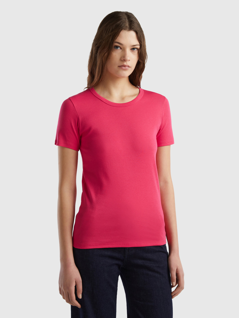 Benetton, T-shirt En Coton Longues Fibres, Fuchsia, Femme