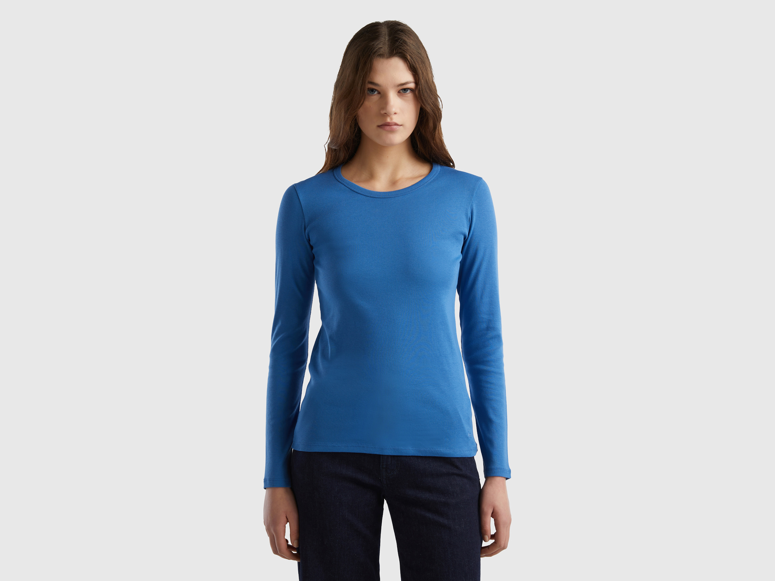 Benetton, Long Sleeve Pure Cotton T-shirt, size XS, Blue, Women