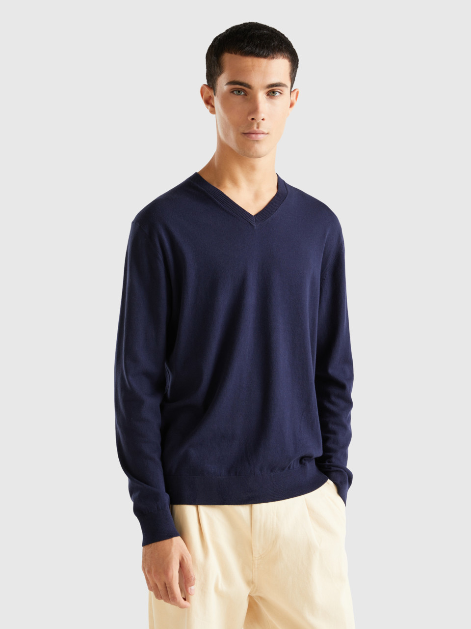 Benetton, V-neck Sweater In Lightweight Cotton Blend, Dark Blue, Men