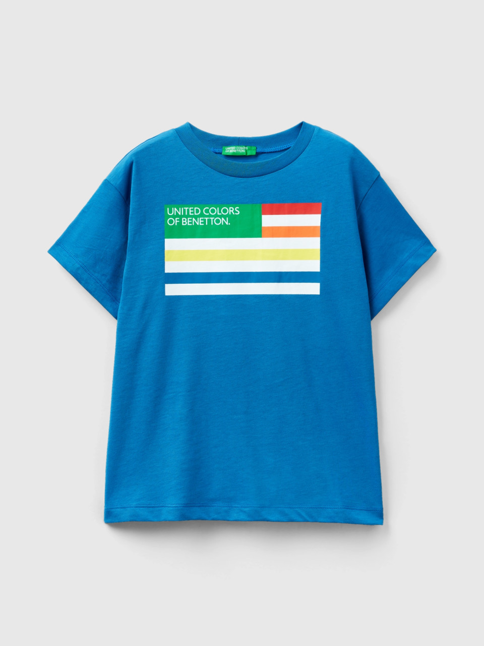 Benetton, T-shirt 100% Cotone Bio, Blu, Bambini