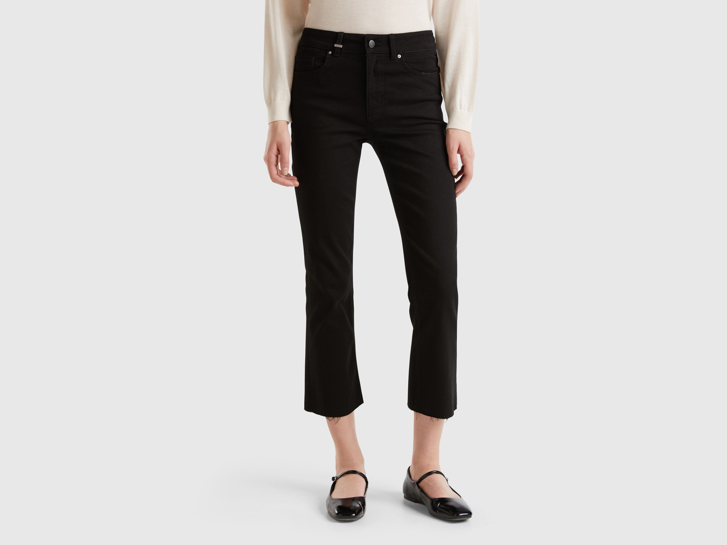 Benetton, Jeans Cropped In Cotone Riciclato, Nero, Donna