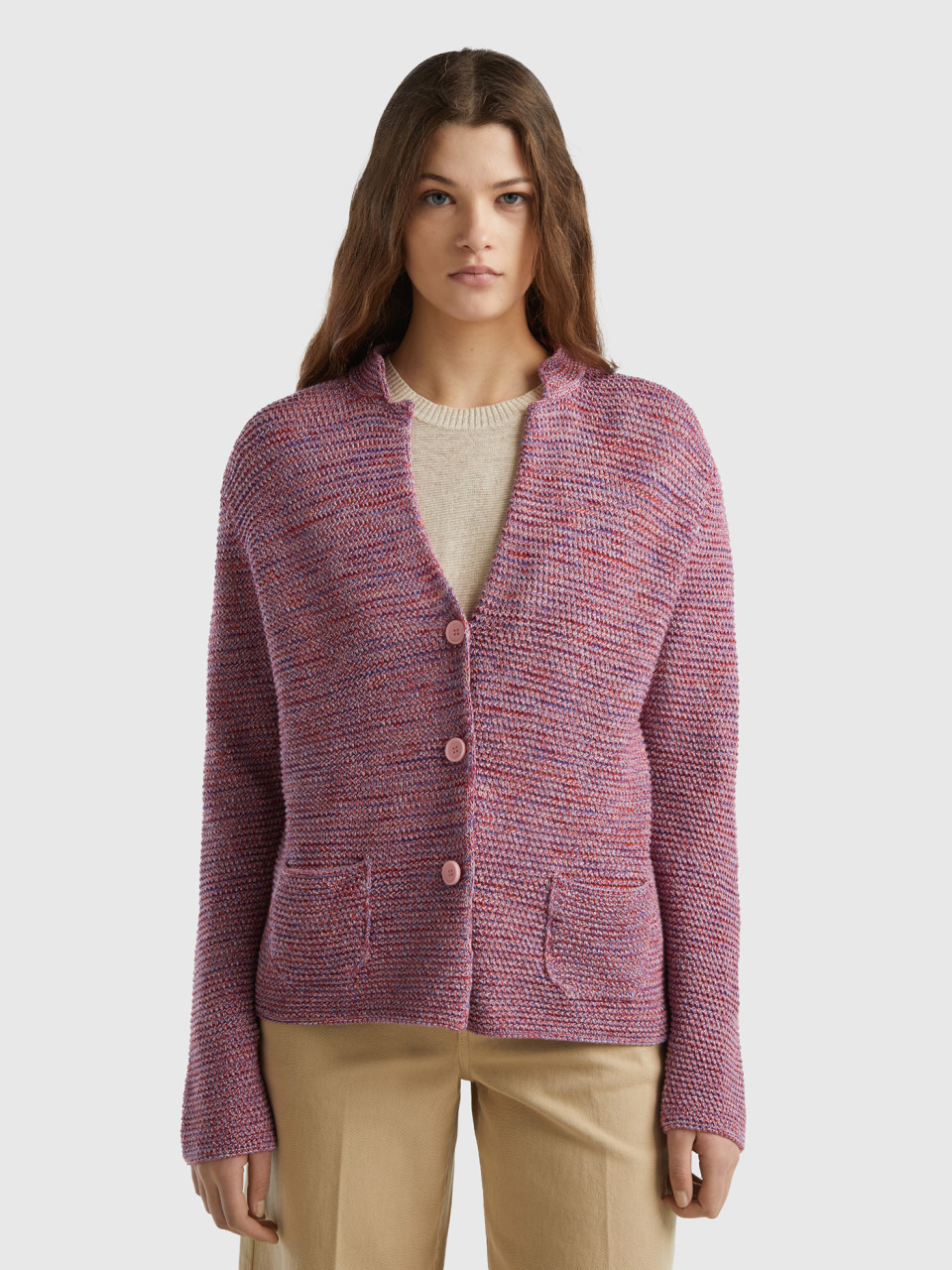 Benetton, 100% Cotton Knit Jacket, Pink, Women