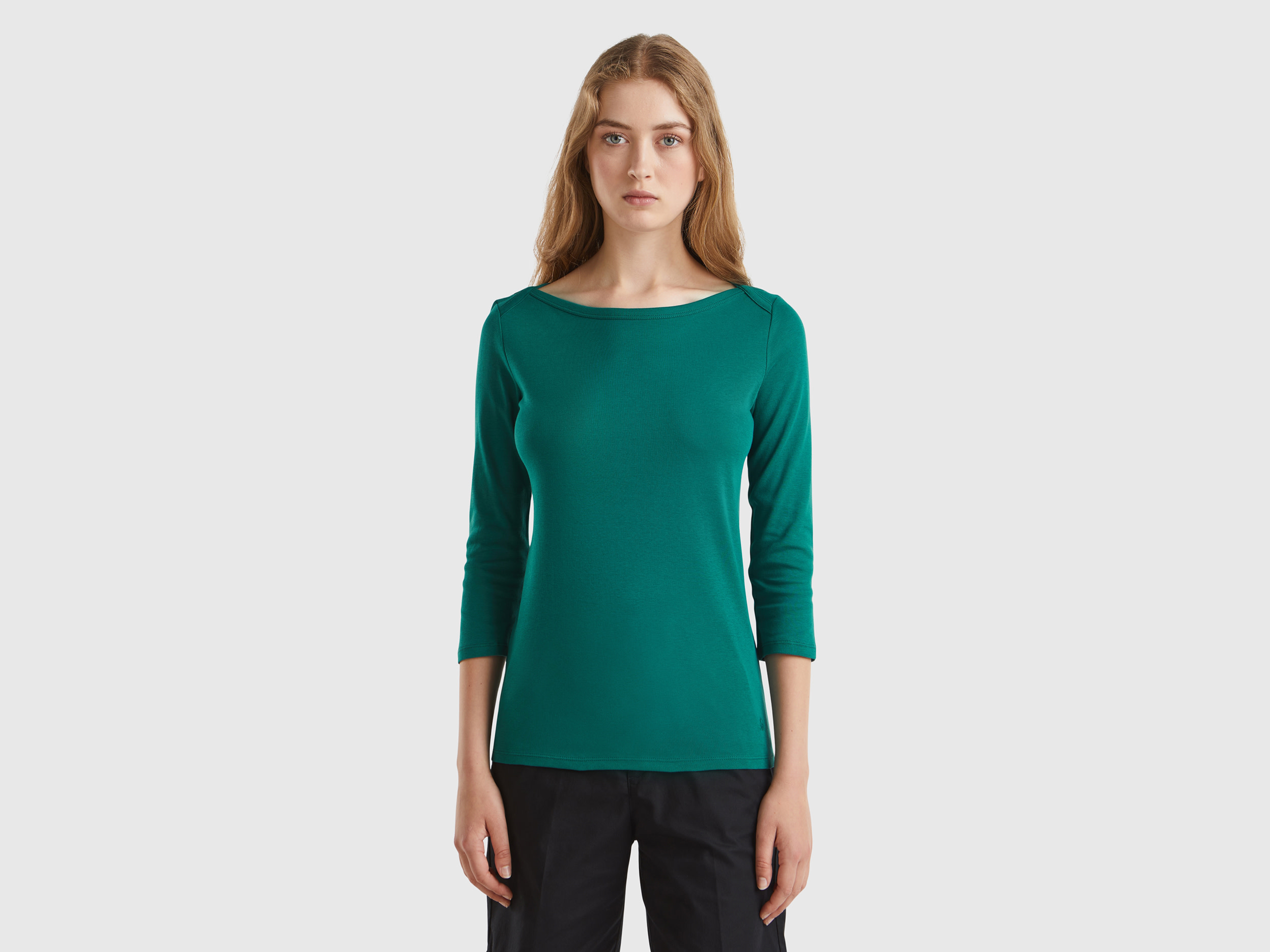Benetton, T-shirt Con Scollo A Barchetta 100% Cotone, Verde Scuro, Donna
