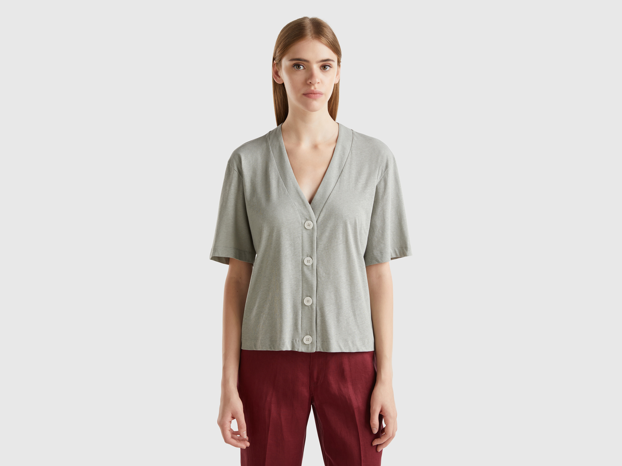 Benetton, T-shirt Stile Cardigan In Misto Lino, Grigio, Donna