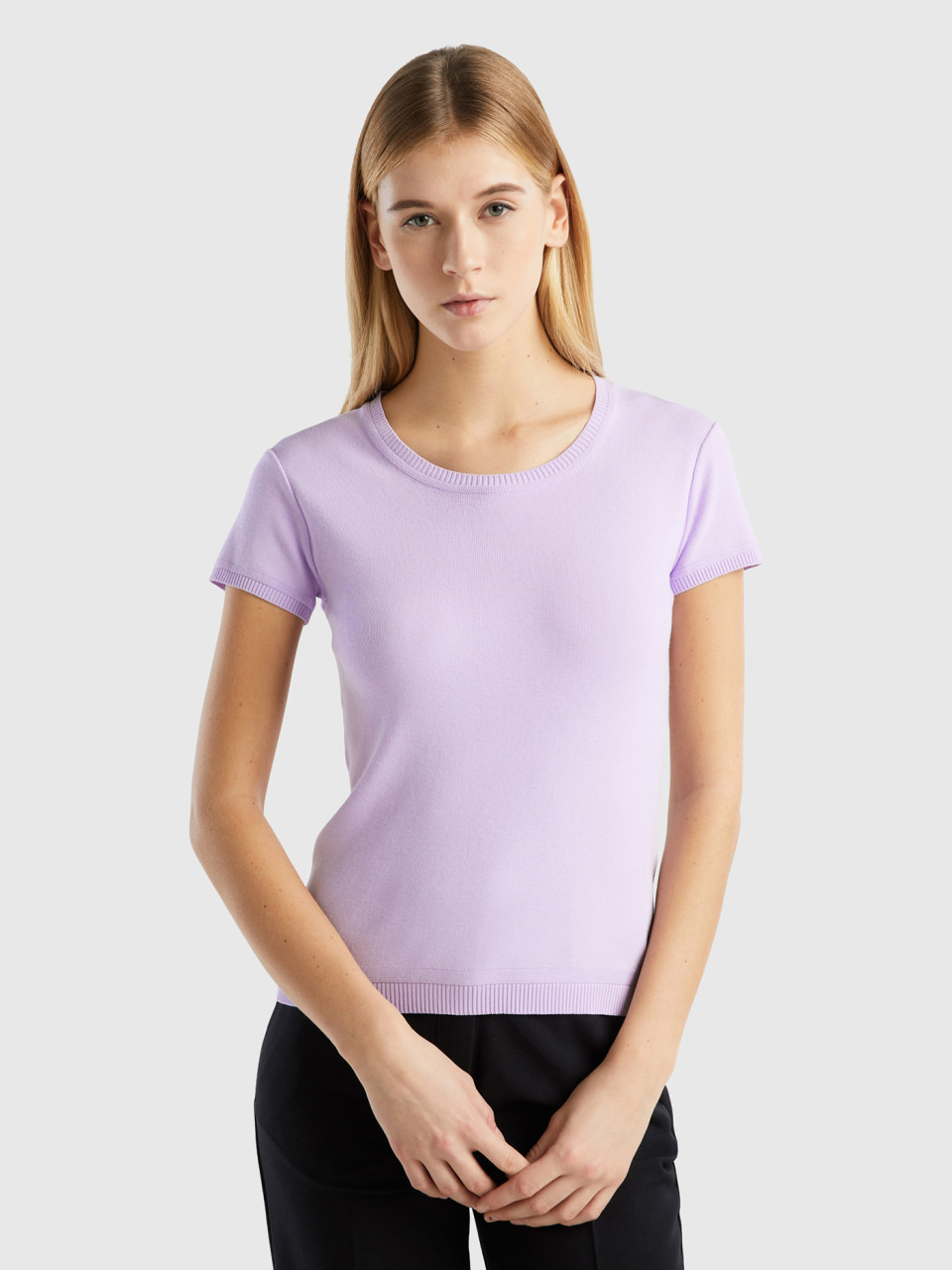 Benetton, Short Sleeve Sweater In 100% Cotton, Lilac, Women