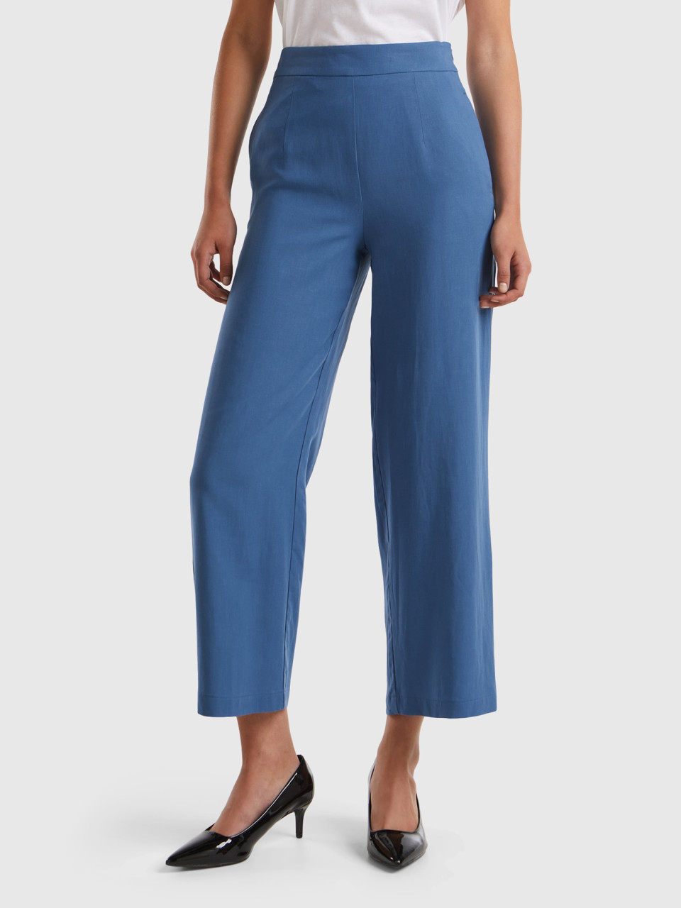 Benetton, Cropped Trousers In Sustainable Viscose Blend, Air Force Blue, Women