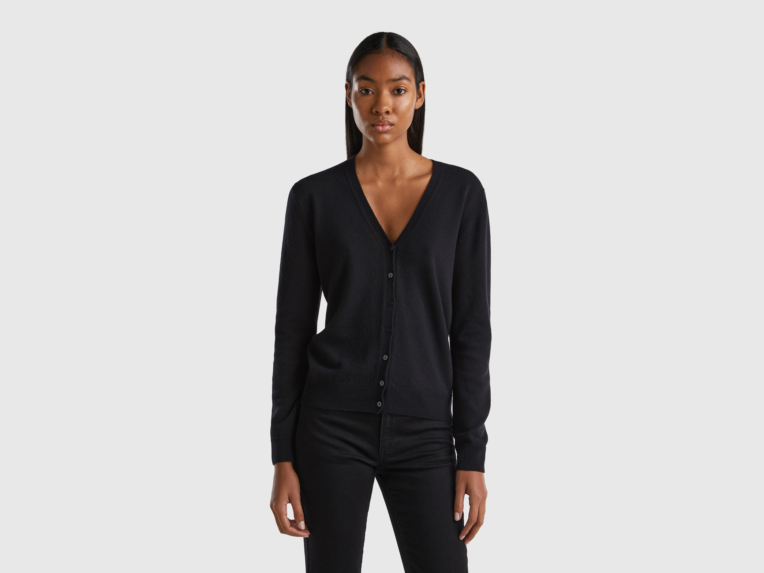 Benetton, Black V-neck Cardigan In Pure Merino Wool, size L, Black, Women