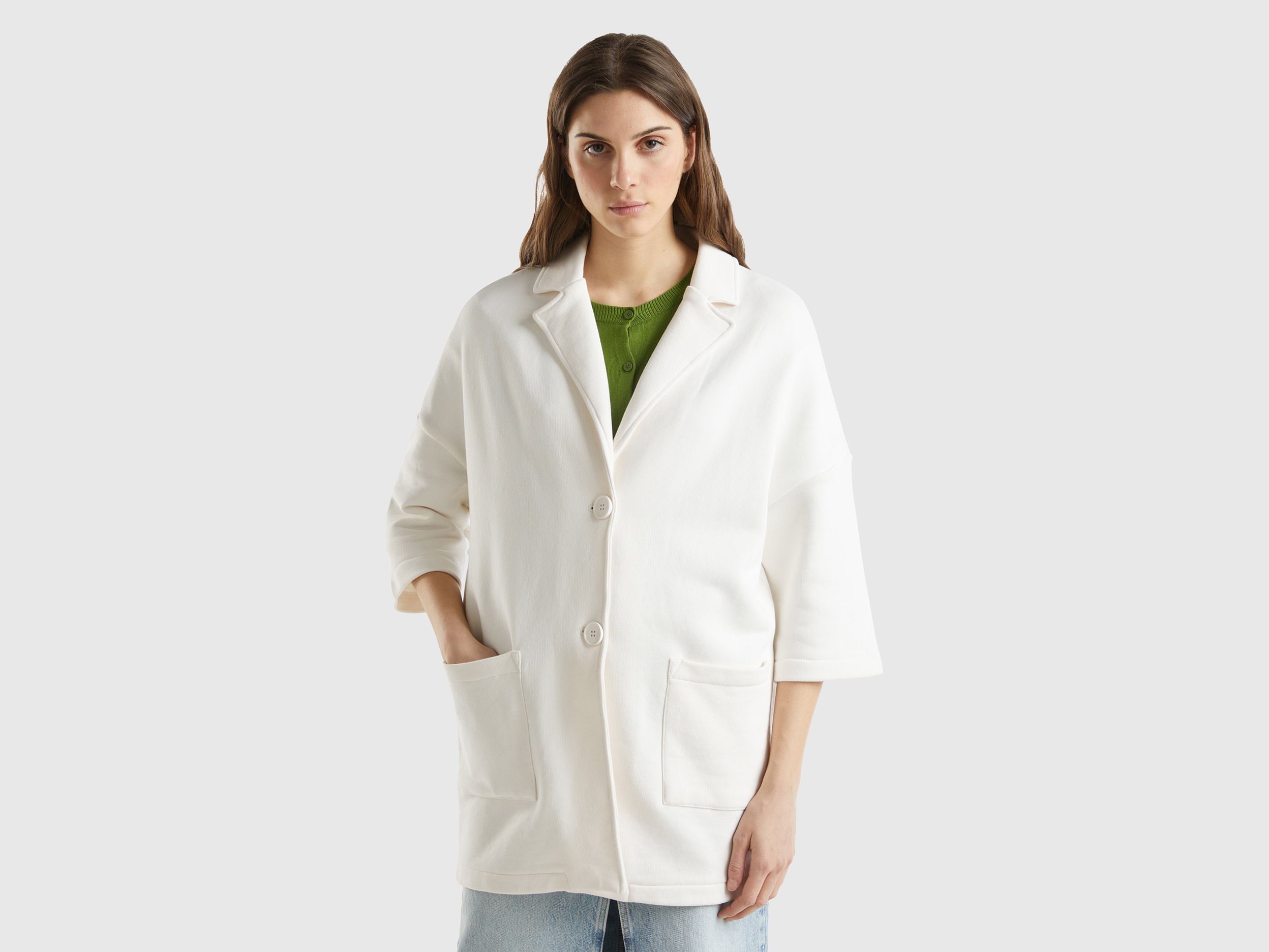 Benetton, Cappotto In Felpa, Bianco Panna, Donna