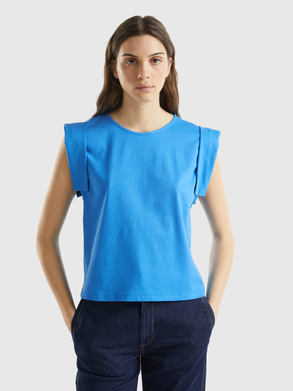 Benetton, T-shirt With Angel Sleeves, Blue, Women