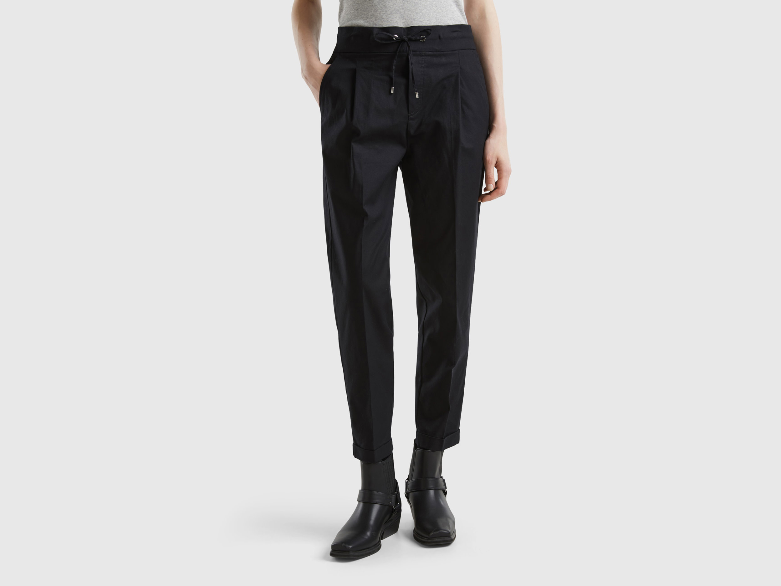 Benetton, Joggers In Cotone Elasticizzato, Nero, Donna