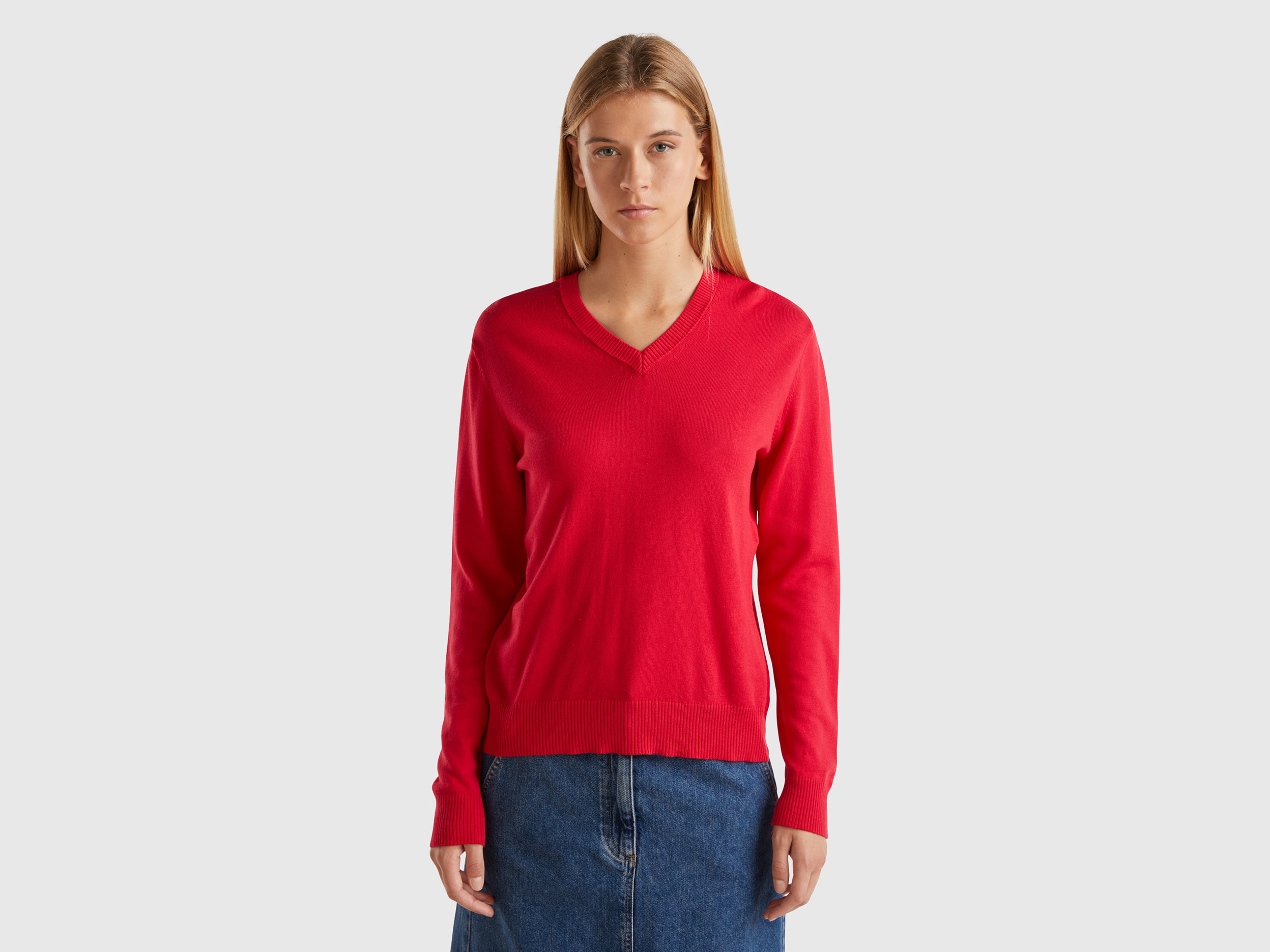 Benetton, Maglia Scollo A V In Misto Modal®, Prugna, Donna