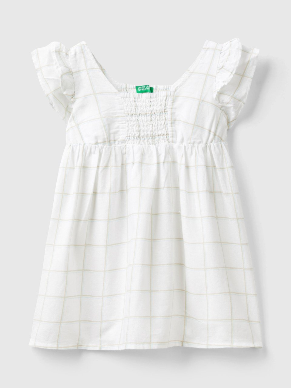 Benetton, Patterned Dress In Linen Blend, White, Kids