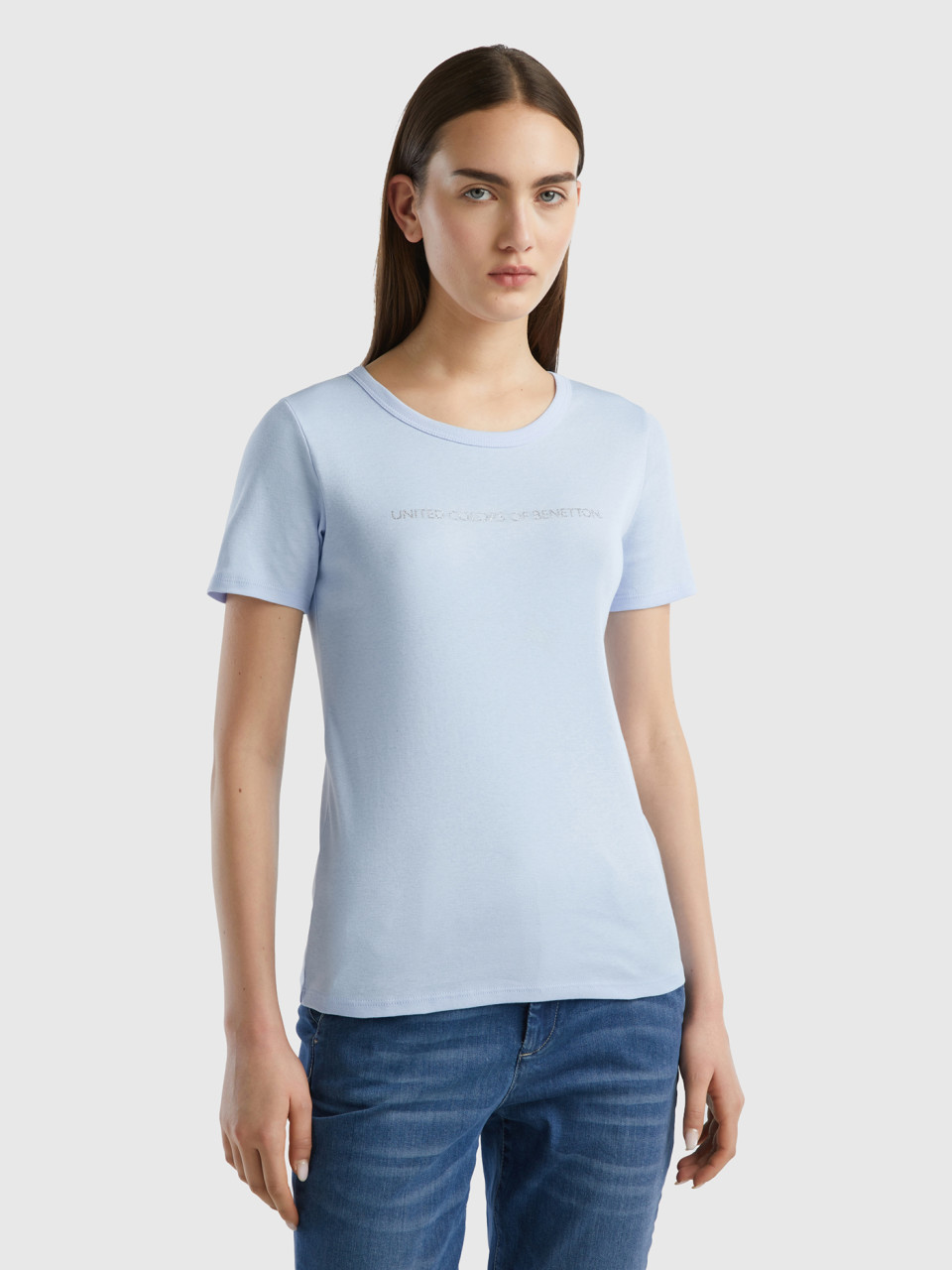 Benetton, T-shirt 100% Coton Avec Logo Imprimé Pailleté, Bleu Ciel, Femme