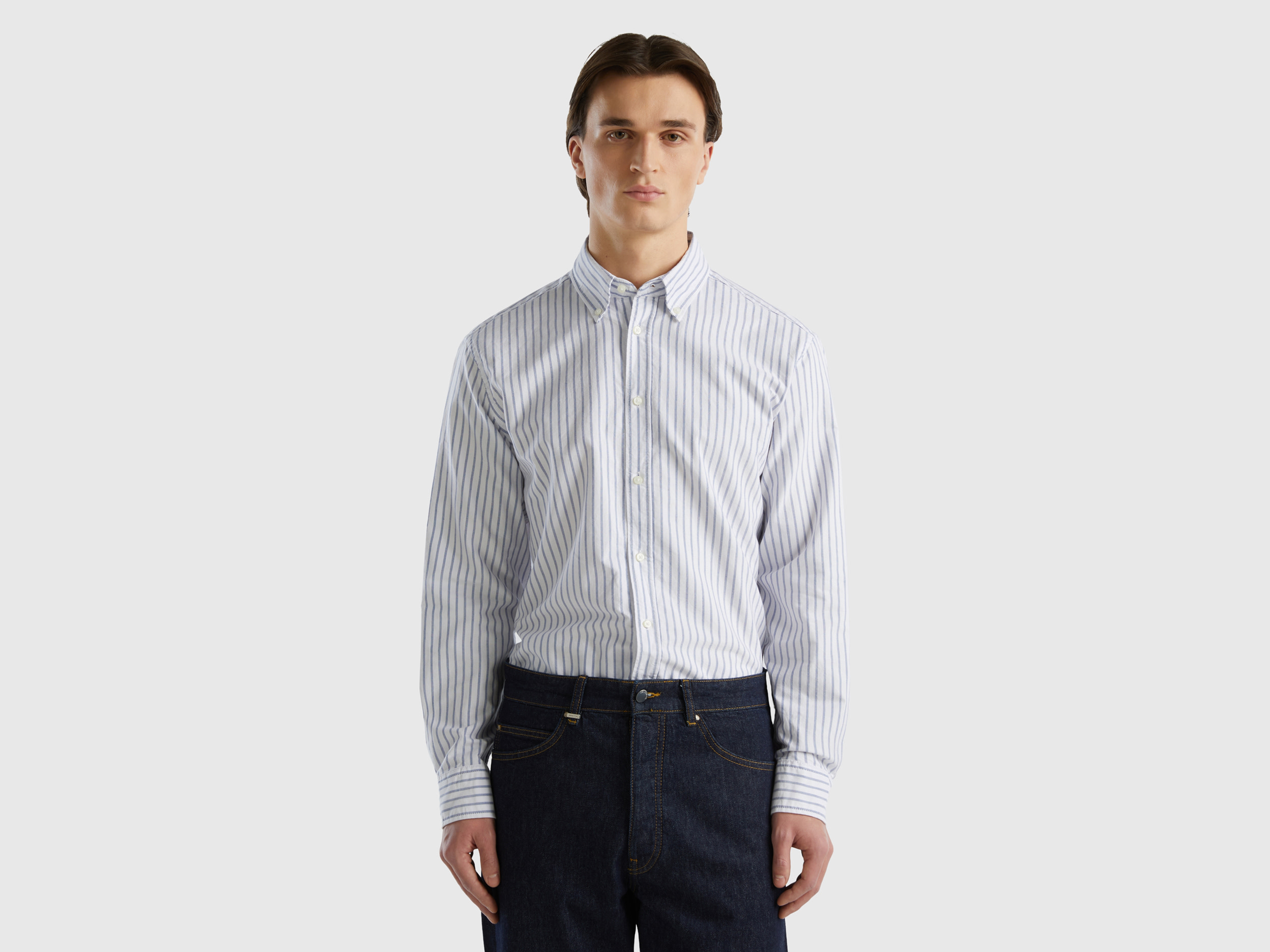 Benetton, 100% Cotton Striped Shirt, size XL, Light Blue, Men