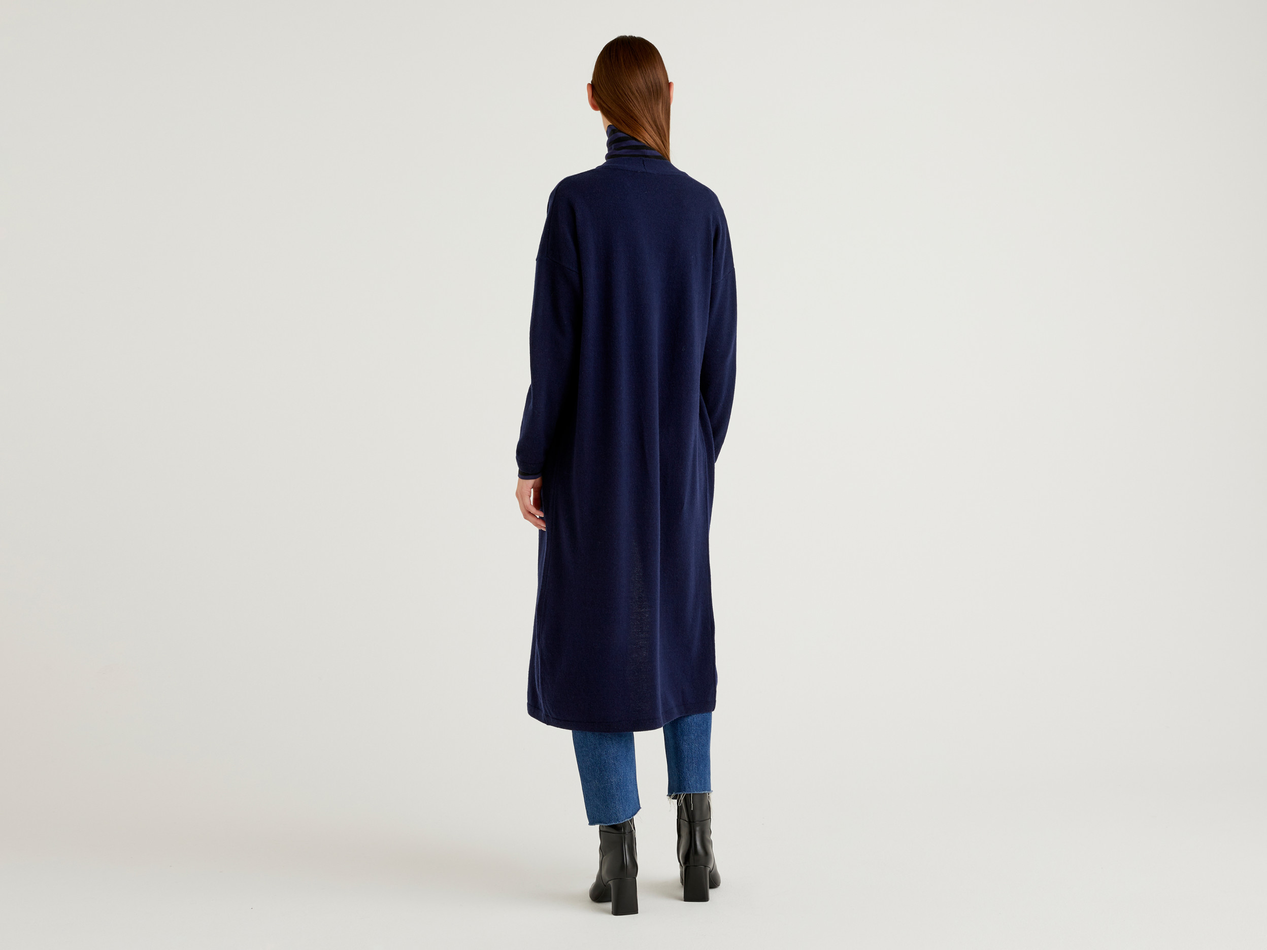 Benetton, Long Cardigan In Wool Blend, Taglia L-Xl, Dark Blue, Women