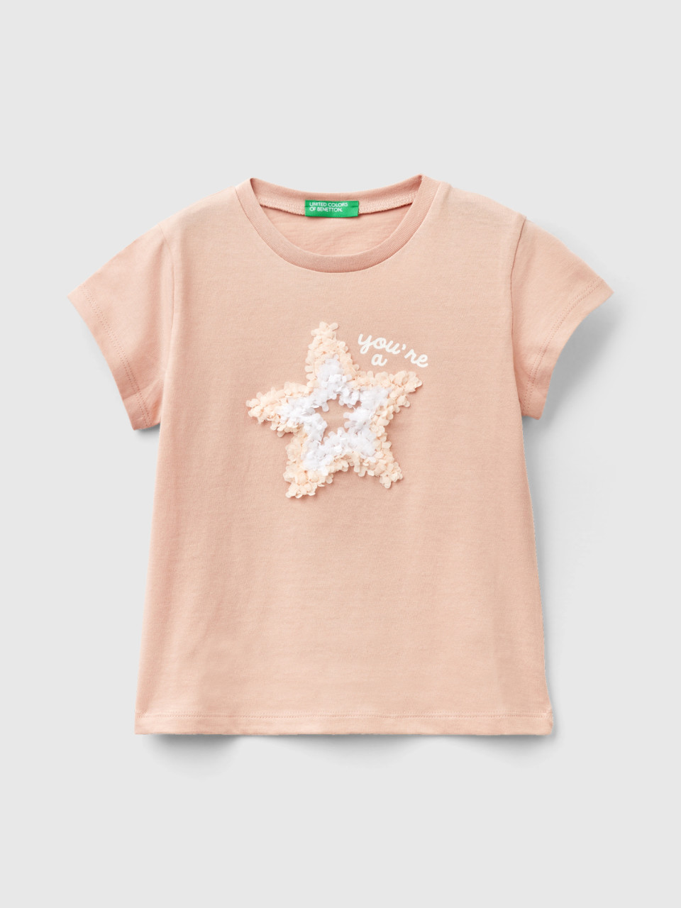 Benetton, T-shirt With Petal Effect Applique, Soft Pink, Kids