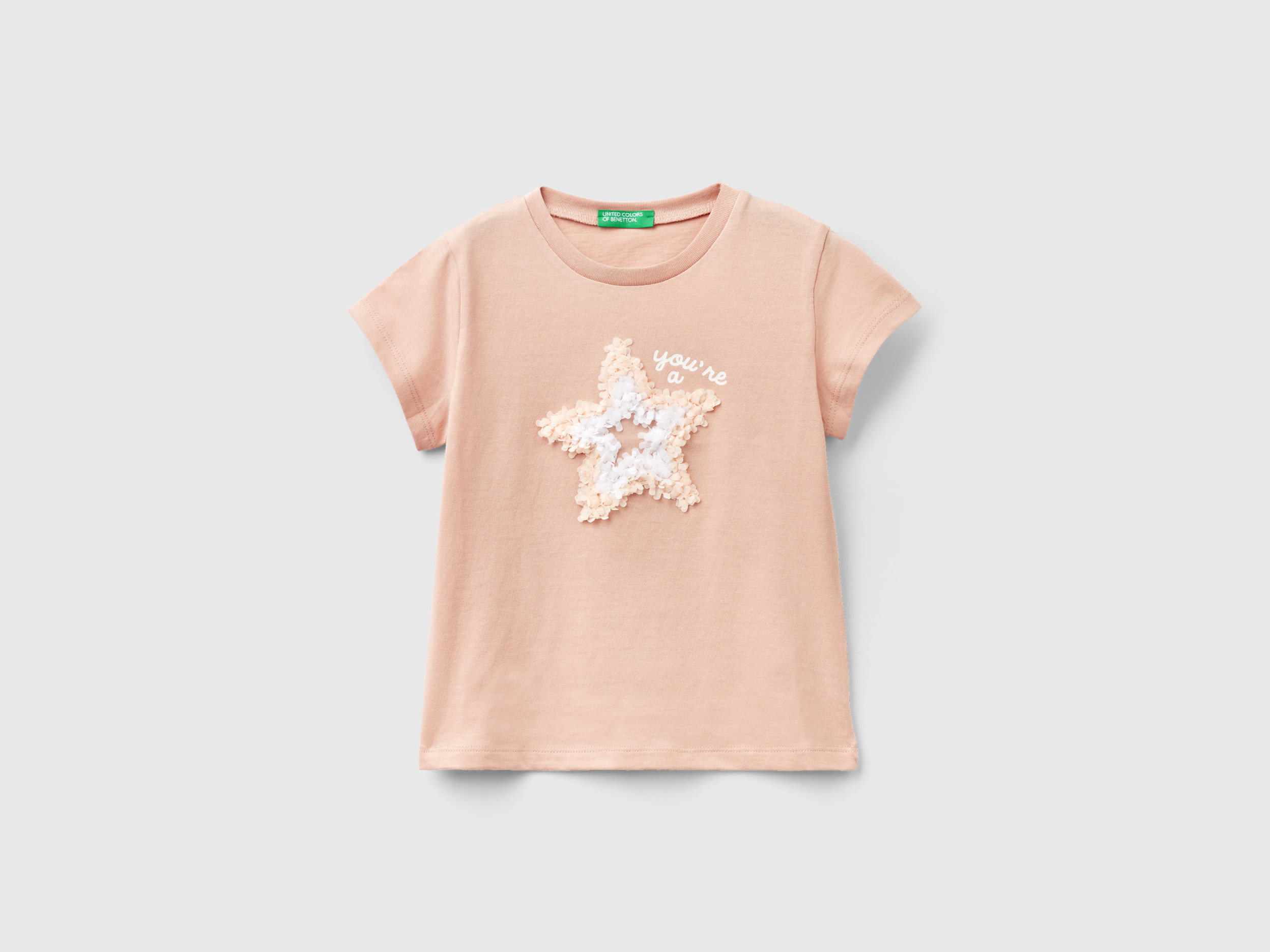 Image of Benetton, T-shirt With Petal Effect Applique, size 116, Soft Pink, Kids