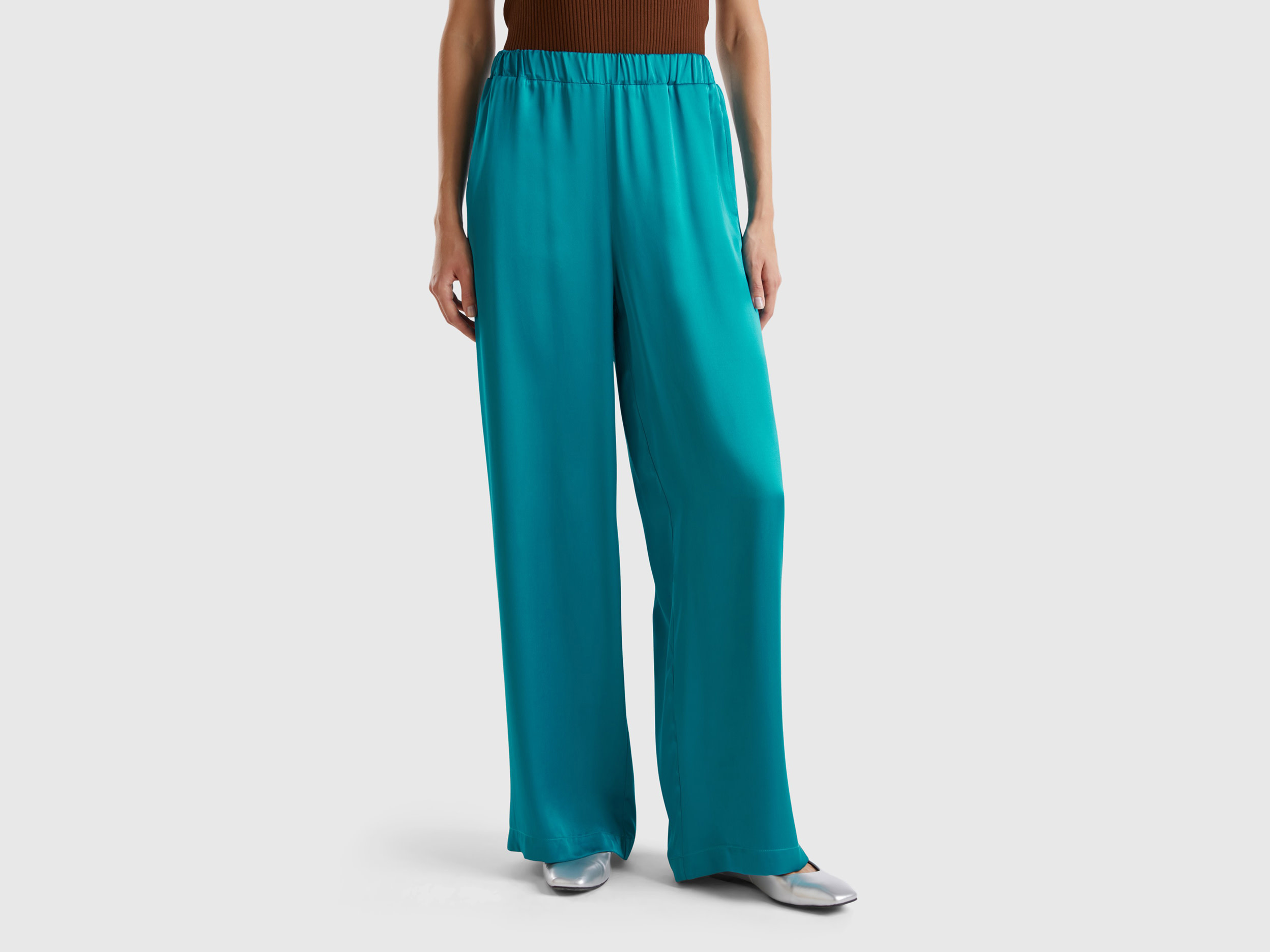 Benetton, Pantaloni Ampi 100% Viscosa, Verde Ottanio, Donna