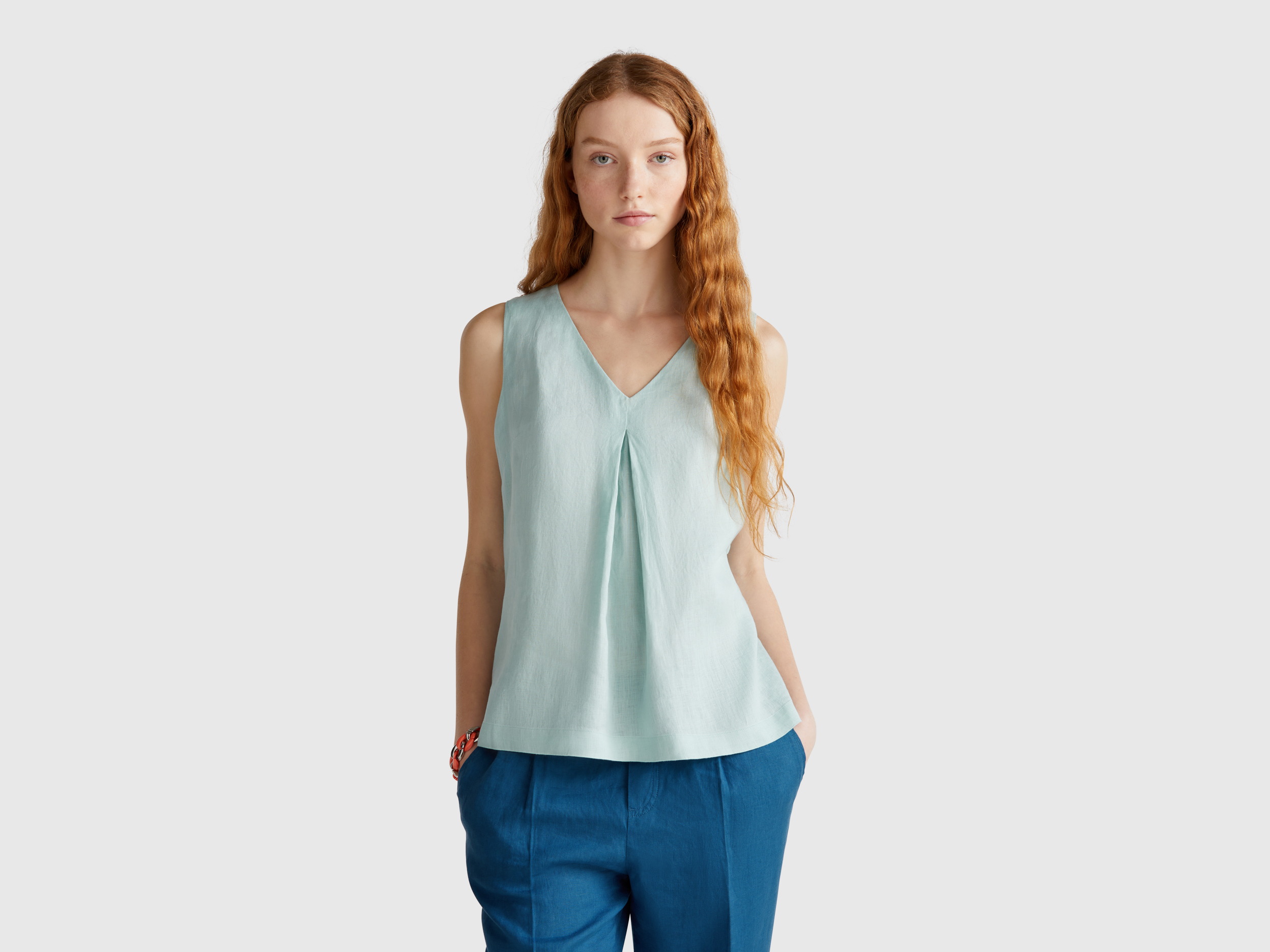 Benetton, Ärmellose Bluse Aus Reinem Leinen, size XS, Türkisblau, Damen