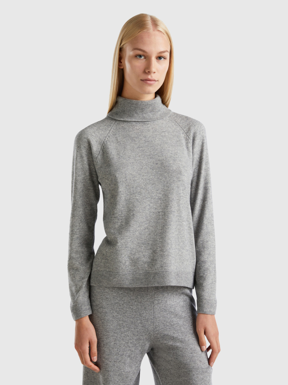 Benetton, Gray Turtleneck Sweater In Cashmere And Wool Blend, Light Gray, Women