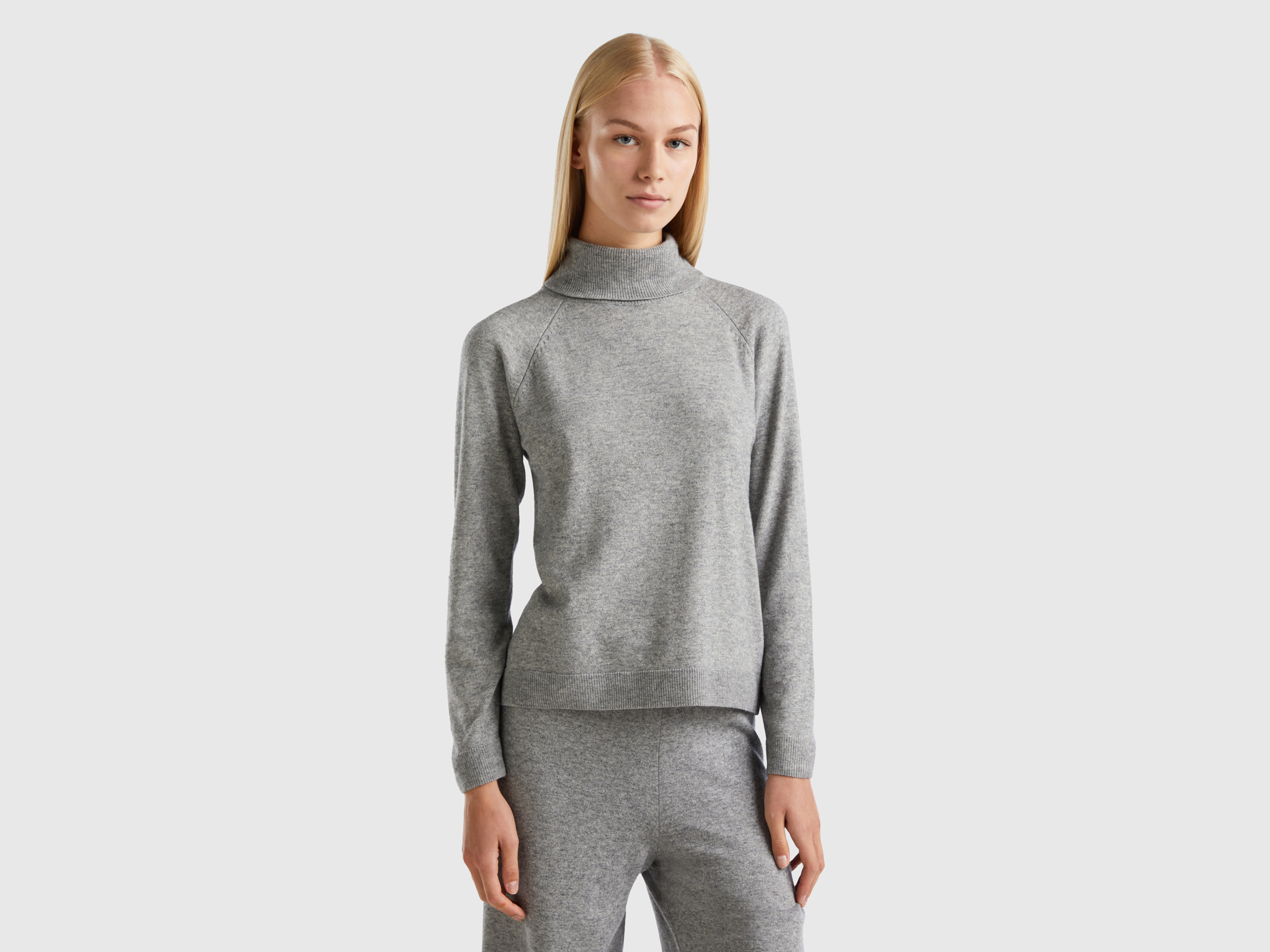 Benetton, Gray Turtleneck Sweater In Cashmere And Wool Blend, size M, Light Gray, Women