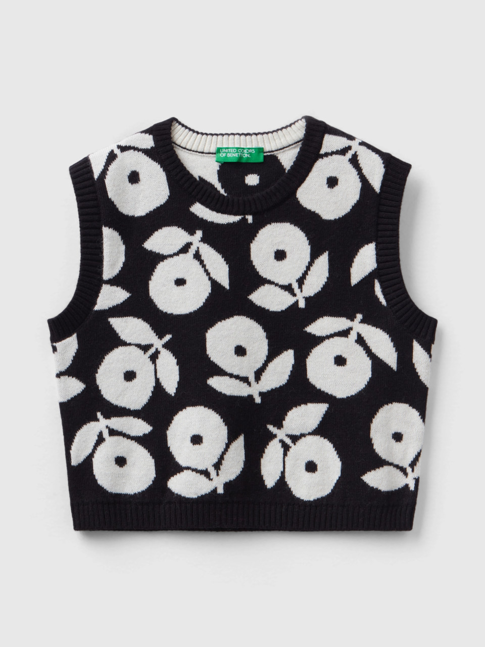 Benetton, Floral Vest In Wool Blend, Black, Kids