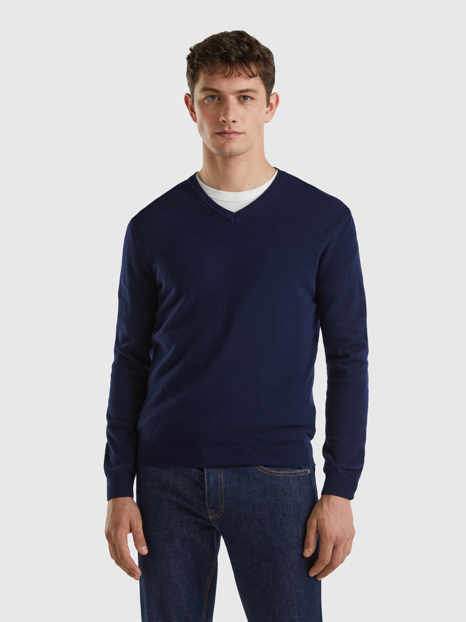 Benetton, Dark Blue V-neck Sweater In Pure Merino Wool, Dark Blue, Men