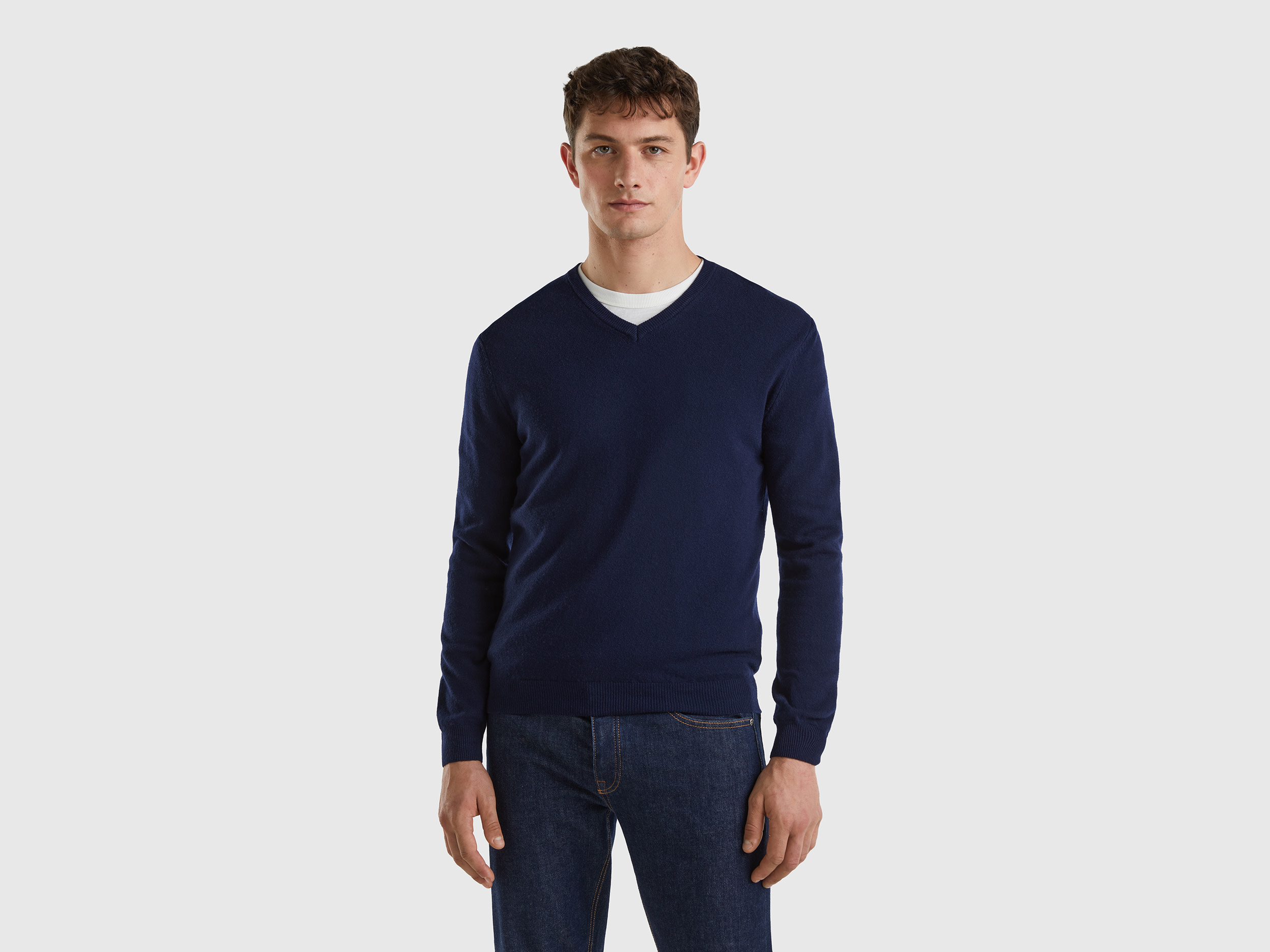 Benetton, Dark Blue V-neck Sweater In Pure Merino Wool, size XXL, Dark Blue, Men