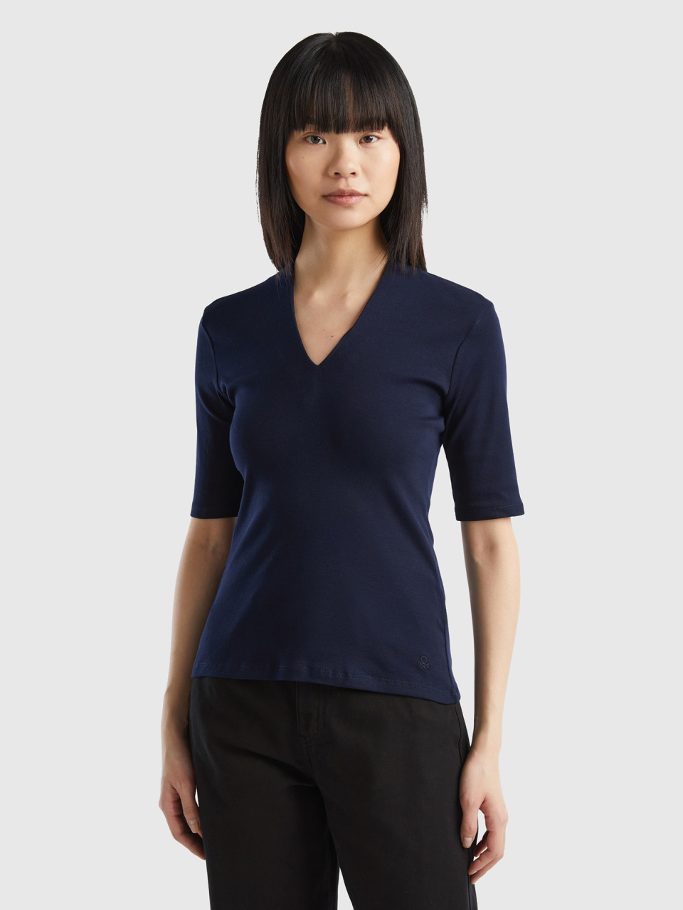 Benetton, Camiseta Slim Fit De Algodón De Fibra Larga, Azul Oscuro, Mujer