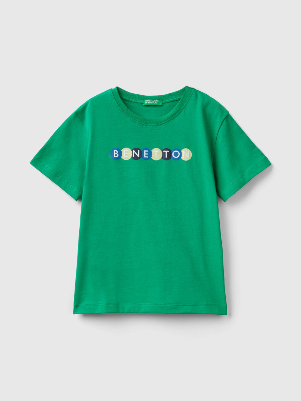 Benetton, Camiseta De 100 % Algodón Orgánico Con Estampado, Verde, Niños
