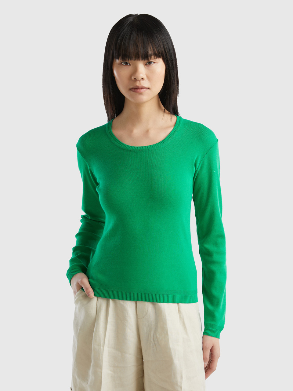 Benetton Online exclusive, Crew Neck Sweater In Pure Cotton, Green, Women