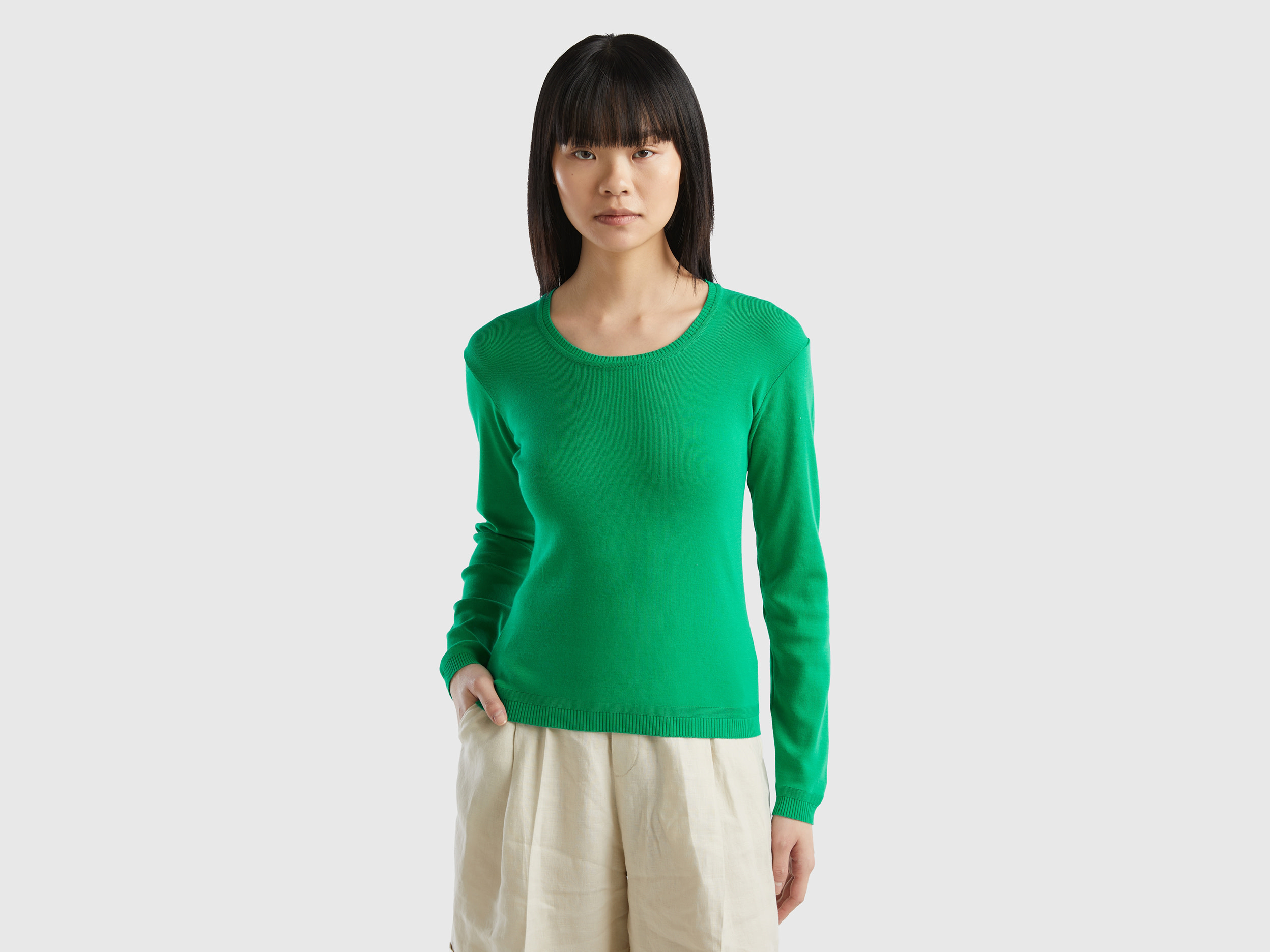 Benetton Online exclusive, Maglia Girocollo In Puro Cotone, Verde, Donna