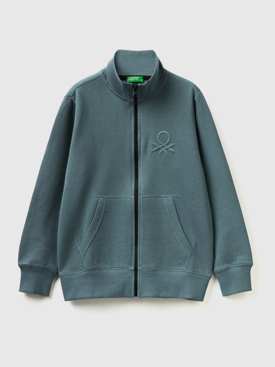Benetton, Pure Cotton Sweatshirt With Zipper, Dark Gray, Kids