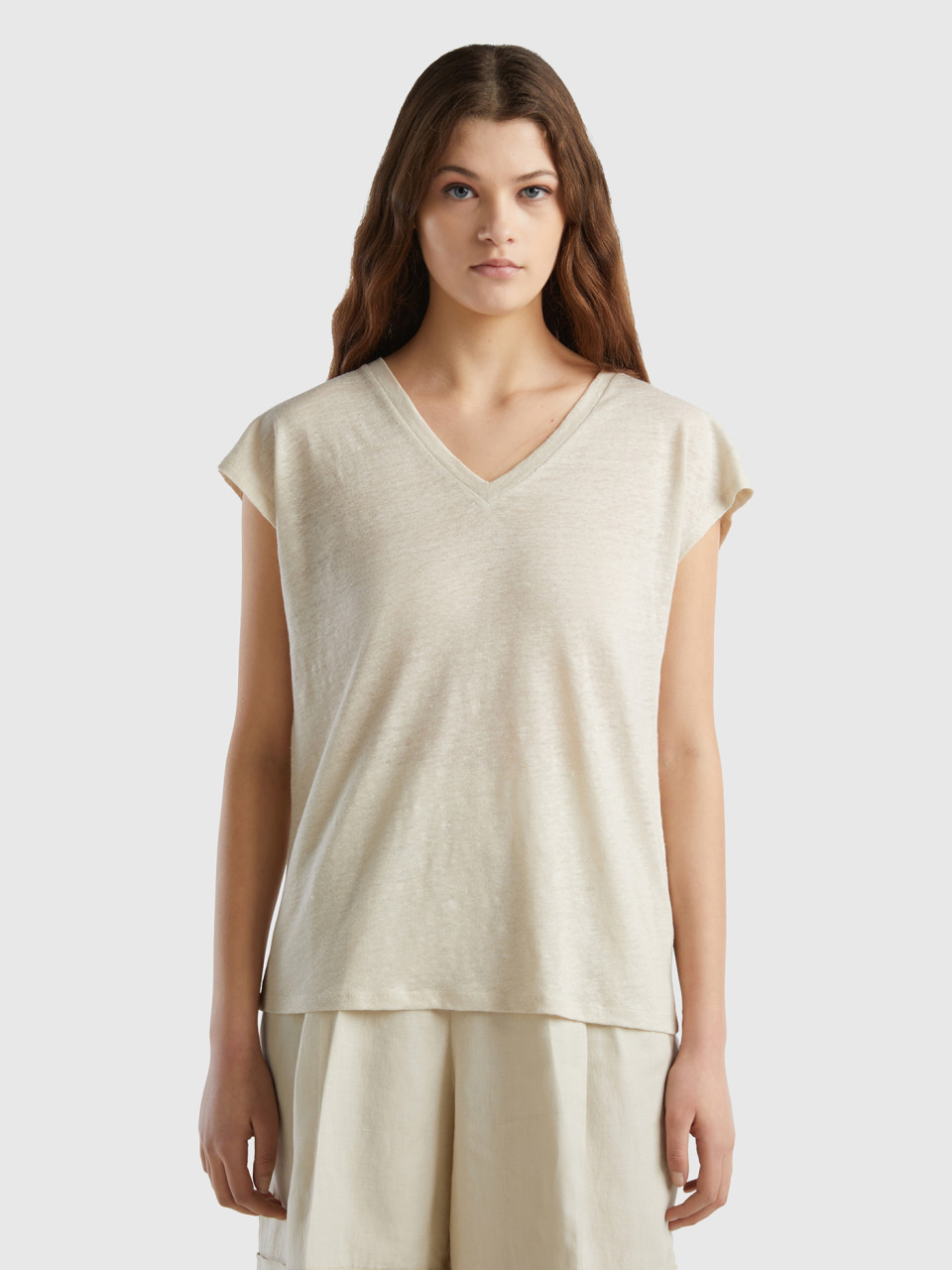 Benetton, V-neck T-shirt In Pure Linen, Beige, Women