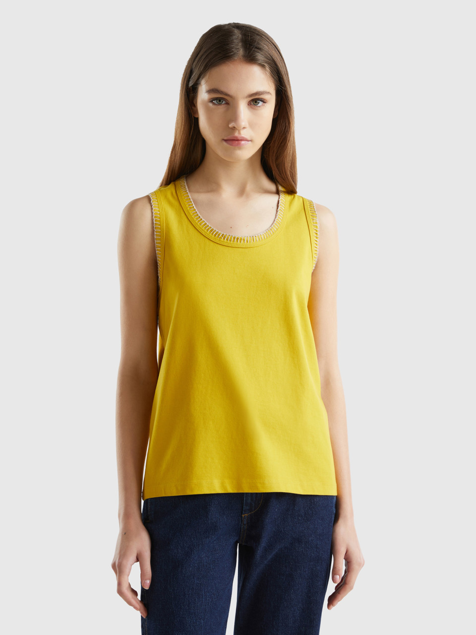 Benetton, Camiseta De Tirantes De Algodón Con Cuello Redondo, Amarillo, Mujer