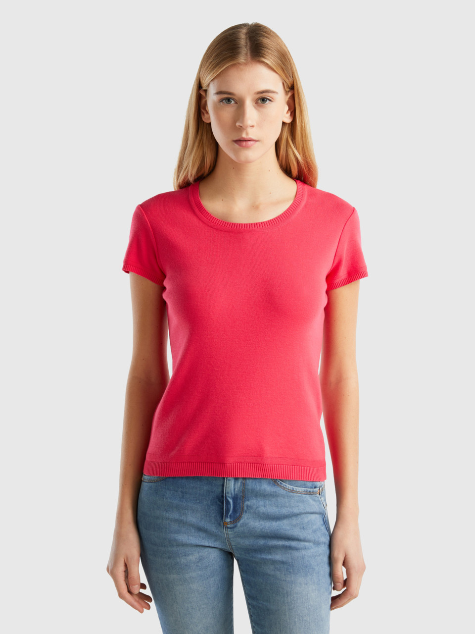 Benetton, Short Sleeve Sweater In 100% Cotton, Fuchsia, Women