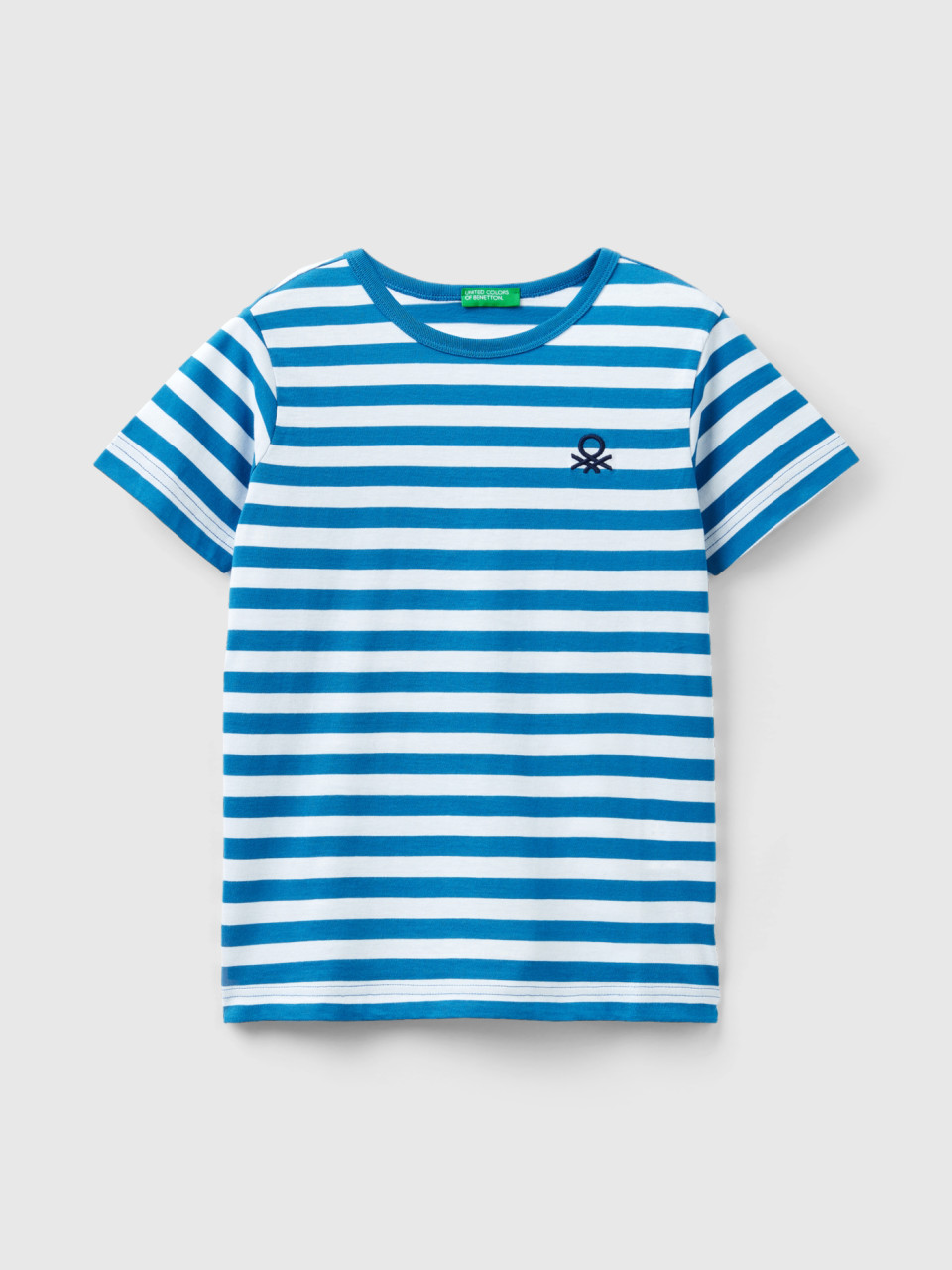 Benetton, Striped 100% Cotton T-shirt, Light Blue, Kids