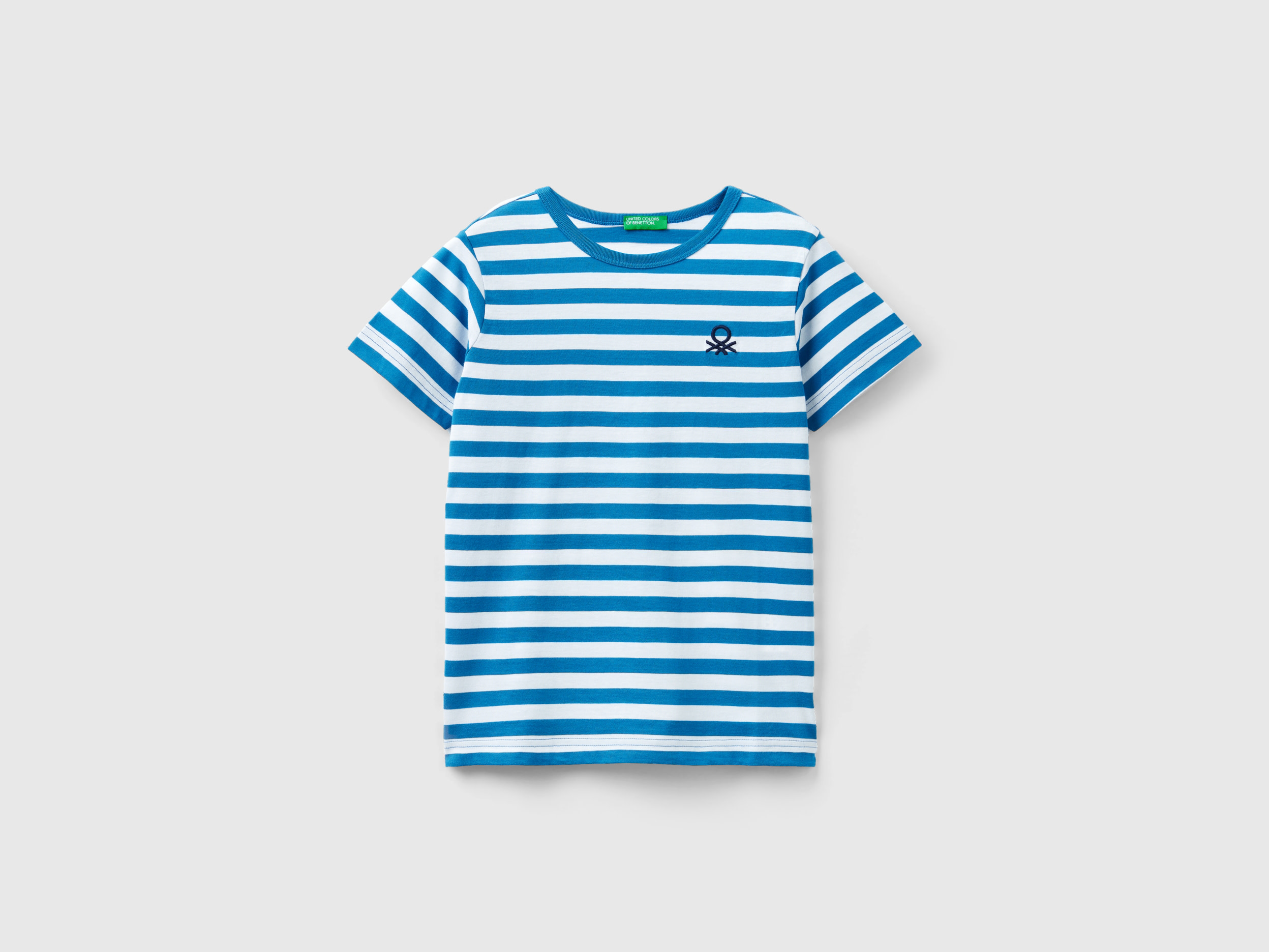 Benetton, Striped 100% Cotton T-shirt, size XL, Light Blue, Kids