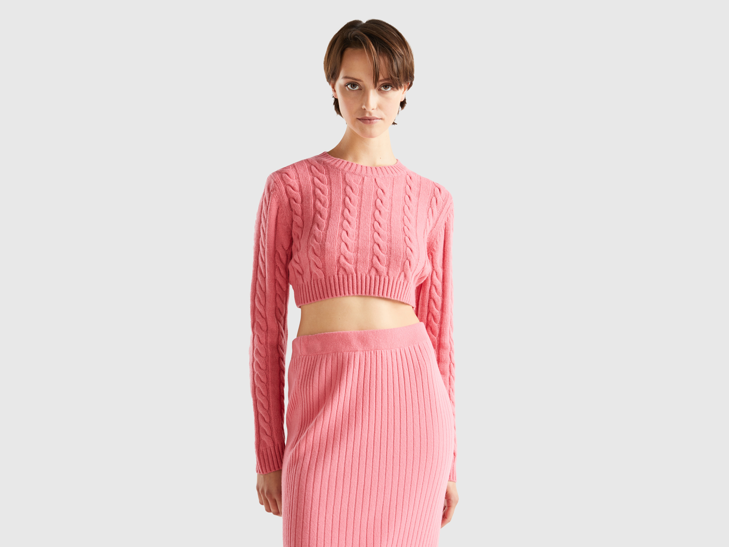Benetton, Cropped Sweater With Cables, size XL, Pink, Women