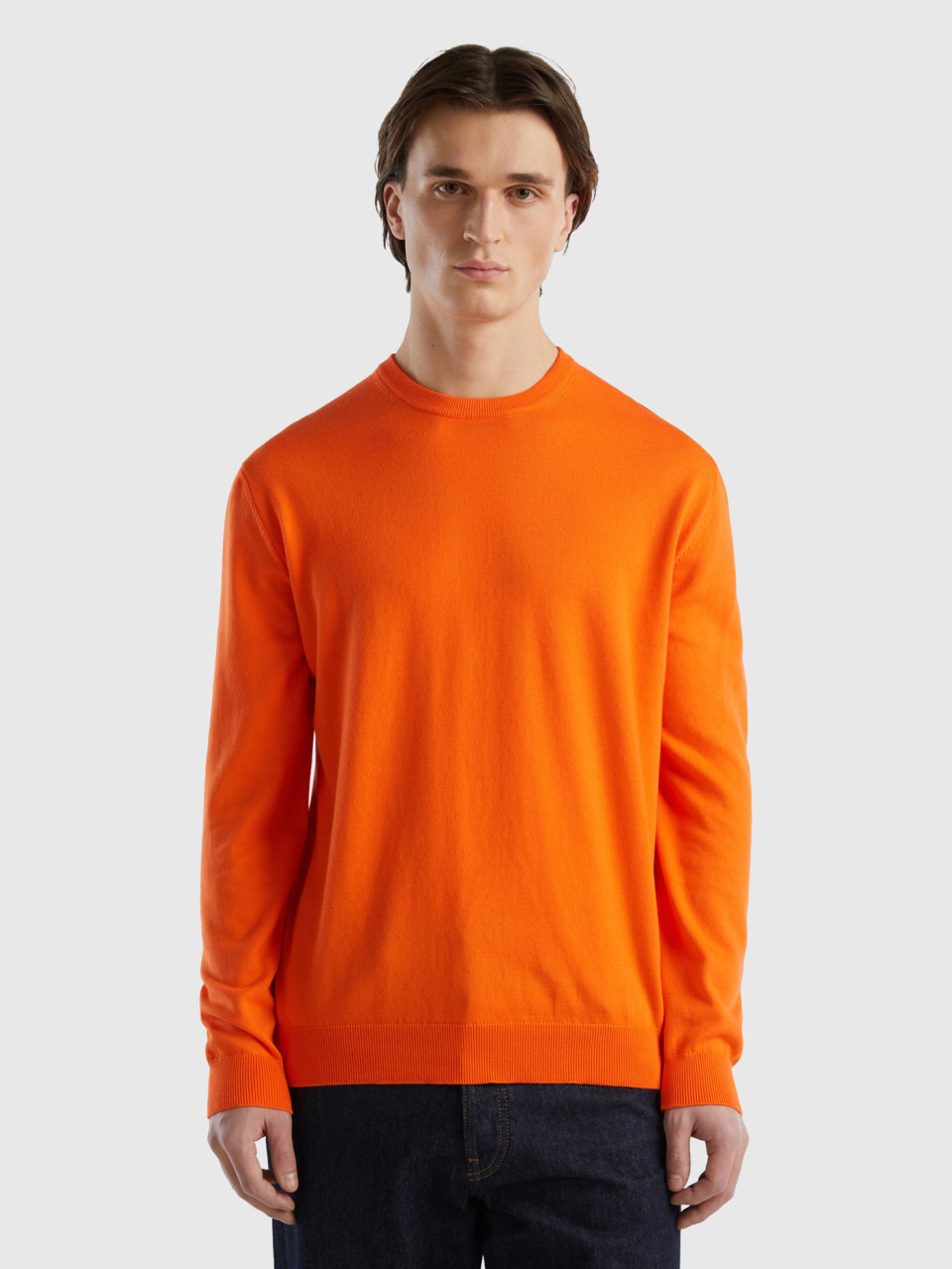 Benetton, Crew Neck Sweater In 100% Cotton, Orange, Men
